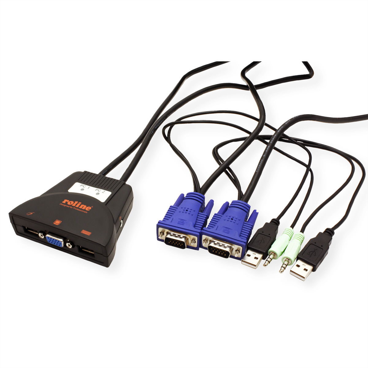 Schwarzer Roline-Switch mit mehreren Kabeln, darunter VGA, Audio und USB. Weißer Hintergrund.