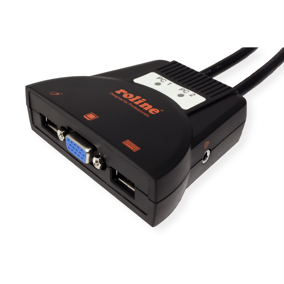 Schwarzer und oranger Rolline KVM-Switch mit Anschlüssen und Beschriftungen.