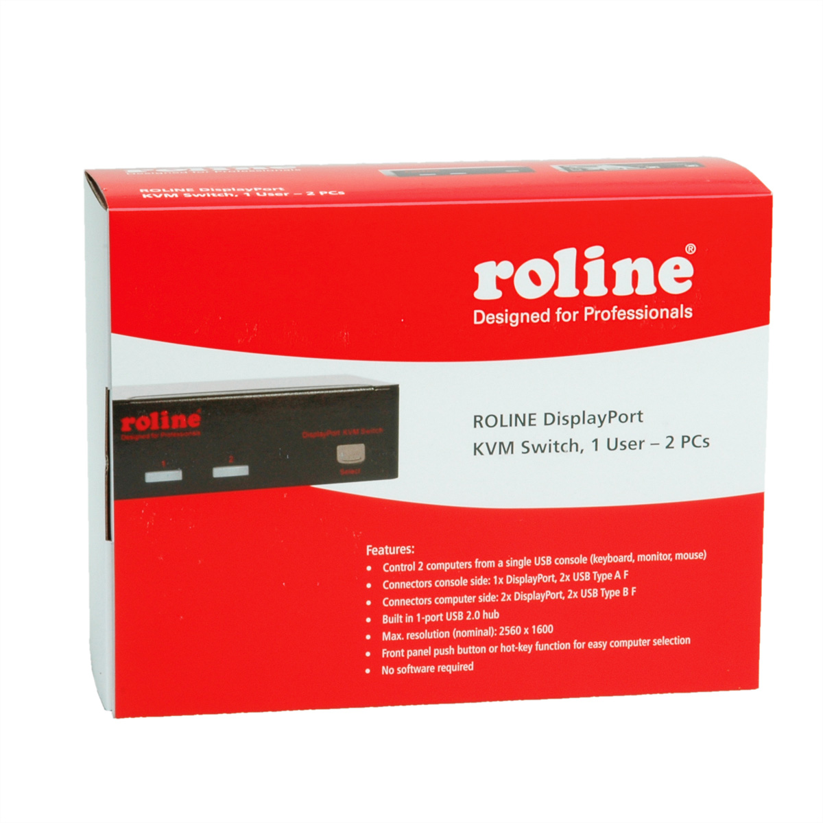 Eine rot-weiße Box mit der Aufschrift 'roline' mit einem KVM-Switch und Produktdetails.
