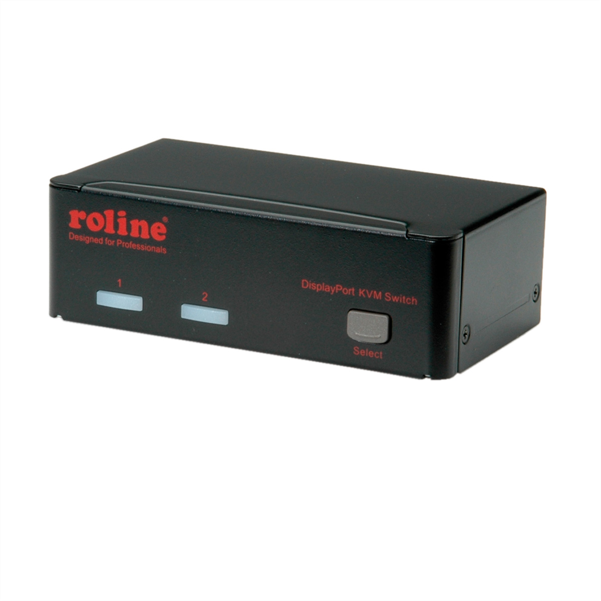 Schwarzer DisplayPort KVM Switch. Es hat Tasten zur Auswahl der Ports und die Marke ist roline.