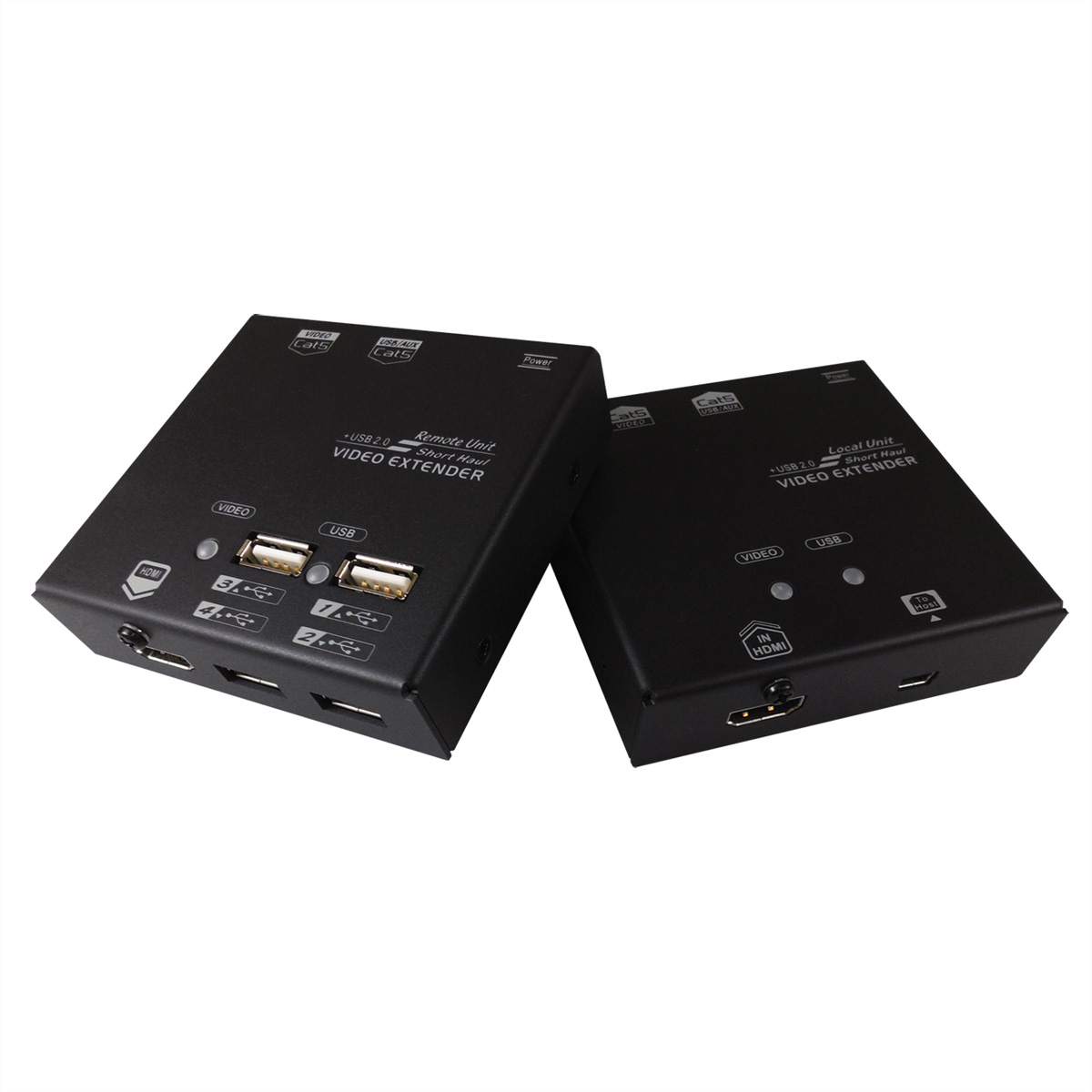 Twee zwarte video-extenders met USB- en HDMI-poorten, met de labels 'Remote Unit' en 'Local Unit'.