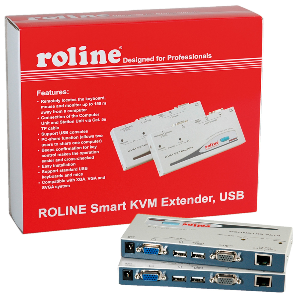 Set di estensore KVM in una scatola rossa con funzionalità elencate. Sono mostrate anche le unità.