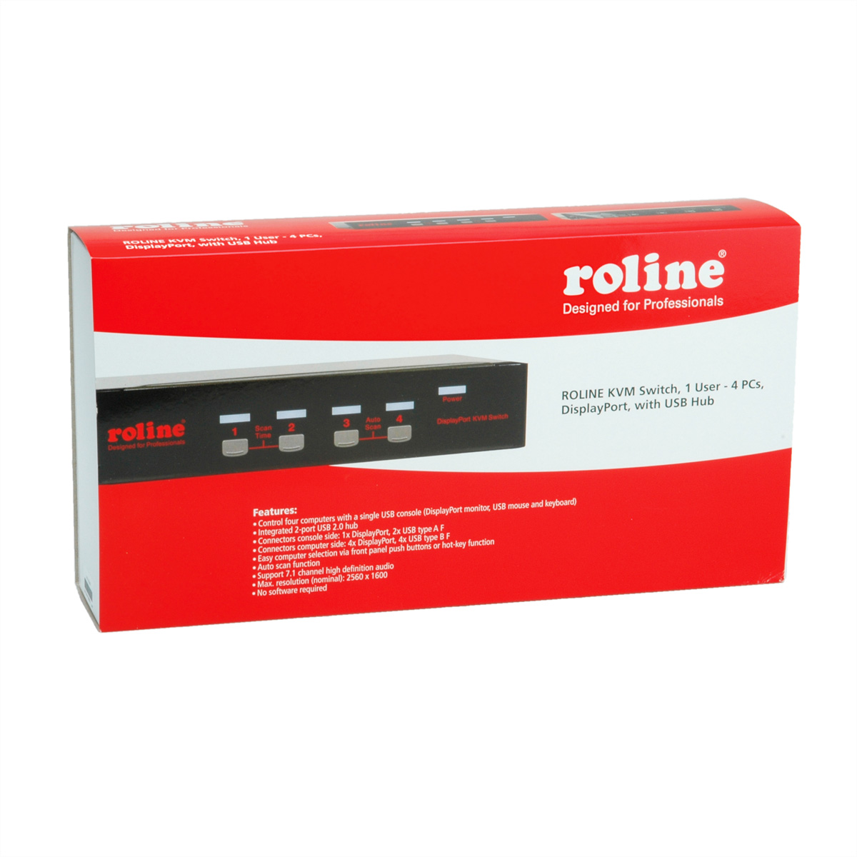 Rode en zwarte Roline KVM-switchbox met USB-hub. Kenmerken en connectoren staan op de doos.