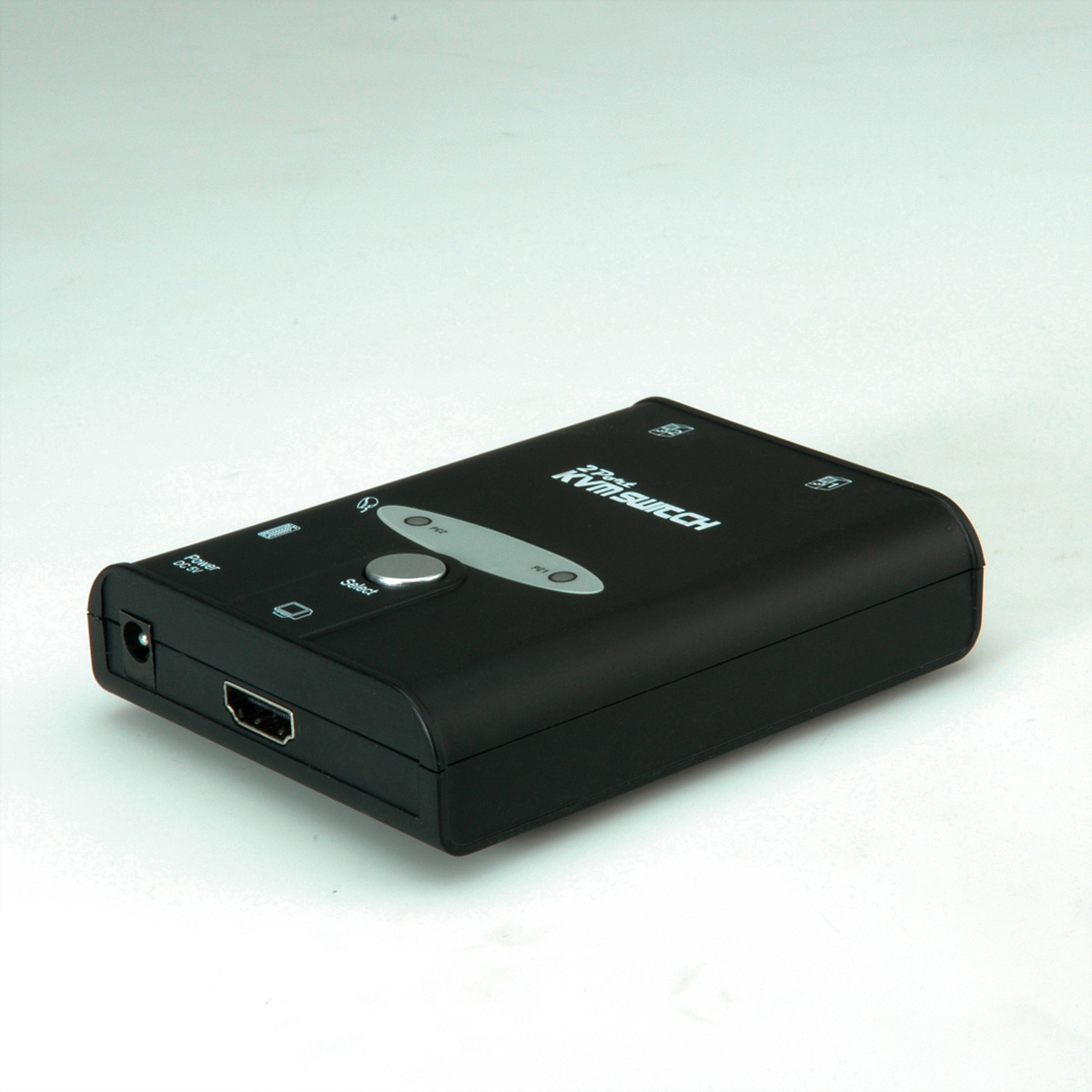 Schwarzer KVM-Switch mit Knöpfen und Anschlüssen. Weißer Hintergrund.