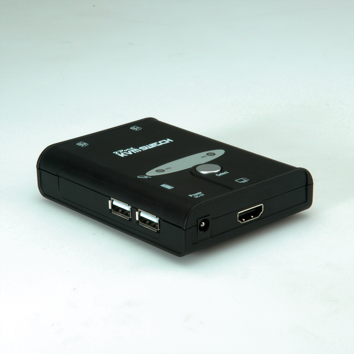 Ein schwarzer KVM-Switch mit USB-Anschlüssen, HDMI und einem Stromeingang auf einer weißen Oberfläche.