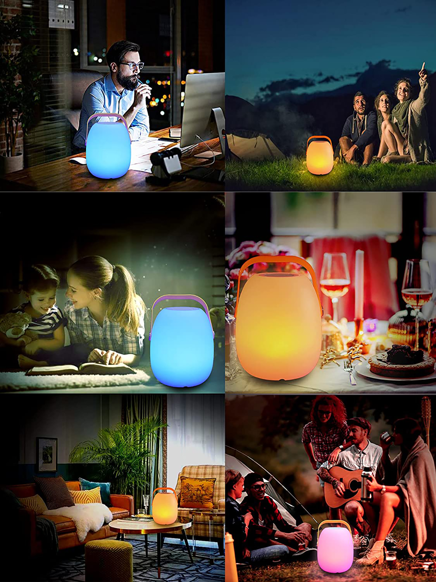 Eine Collage von Szenen mit einer eiförmigen Lampe in verschiedenen Umgebungen.