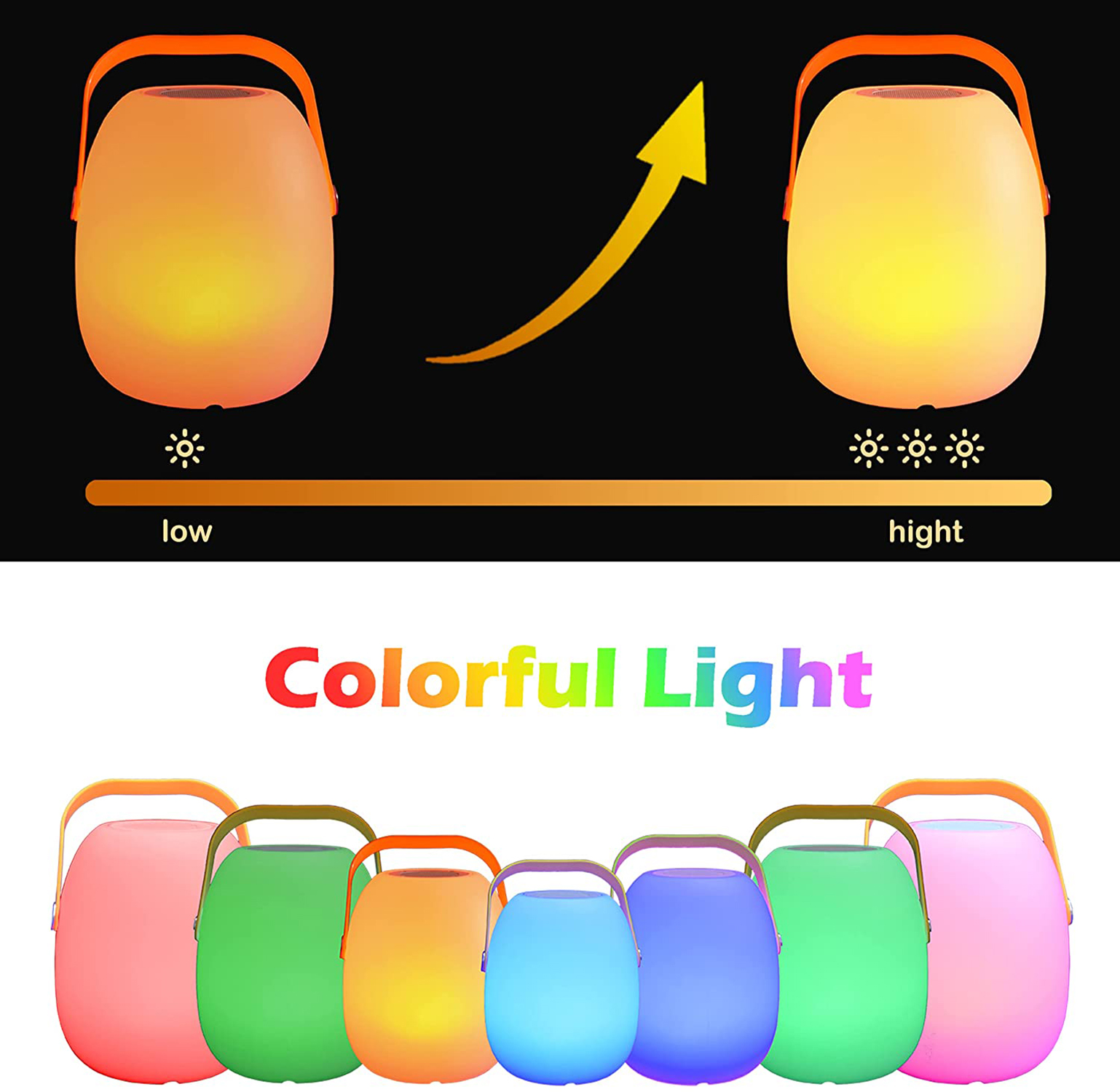 Bunte Lampen, die Helligkeitsstufen zeigen. Die Lampen sind orange, rosa, grün, blau und lila.