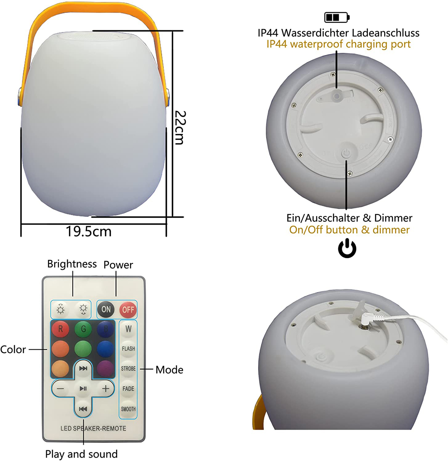 Weiße und gelbe Lampe mit Fernbedienung, Maßen und Funktionen.