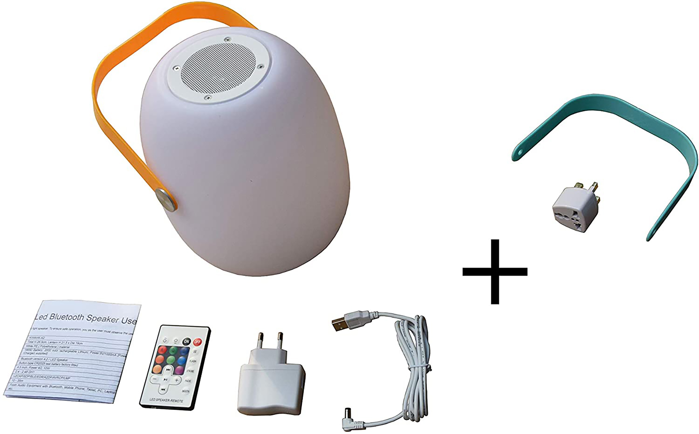 Weißer eiförmiger Lautsprecher mit orangefarbenem Griff, plus Zubehör: Ladegerät, Kabel und Adapter.