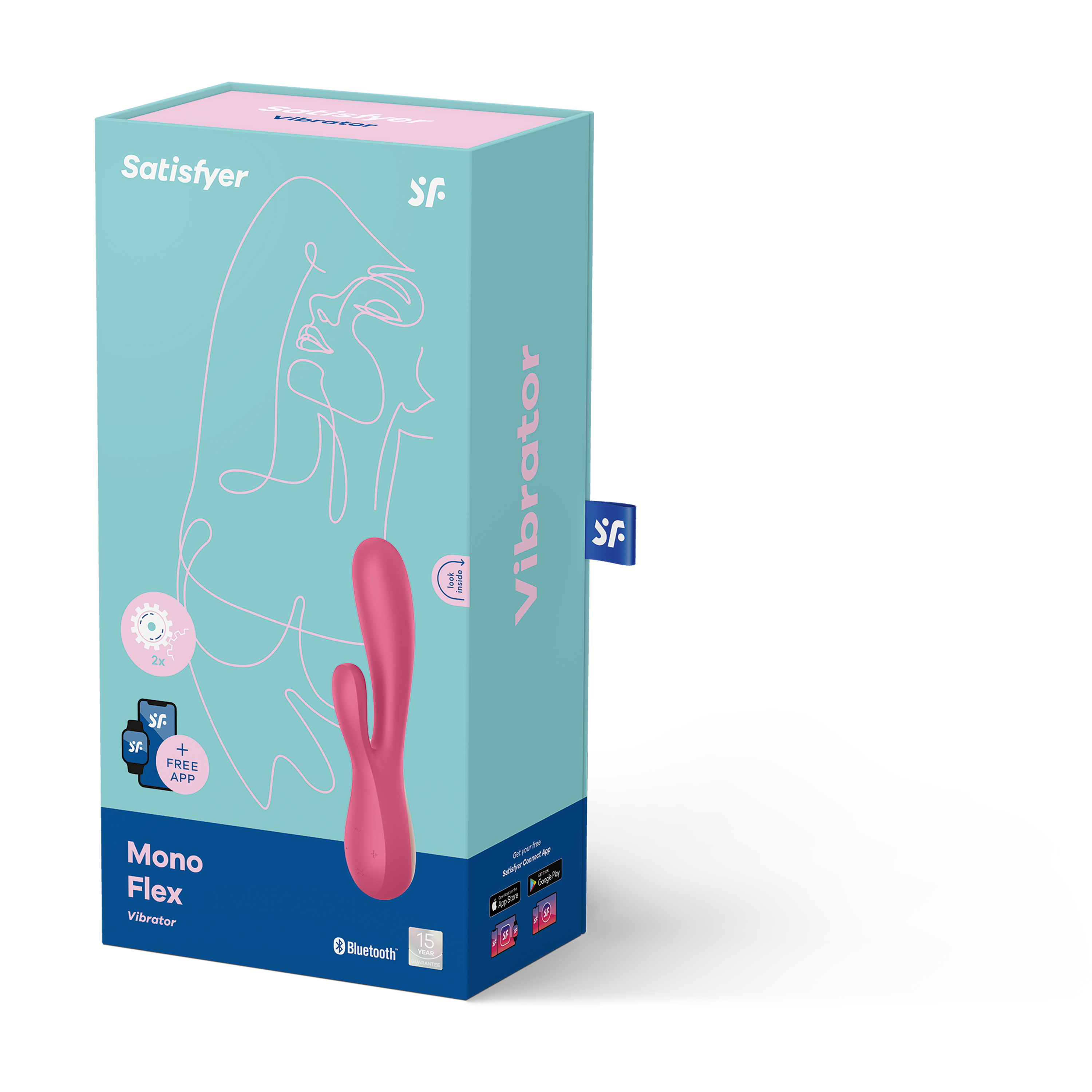 Pudełko z różową zabawką erotyczną i rysunkiem kobiety. Jasnoniebieskie tło.