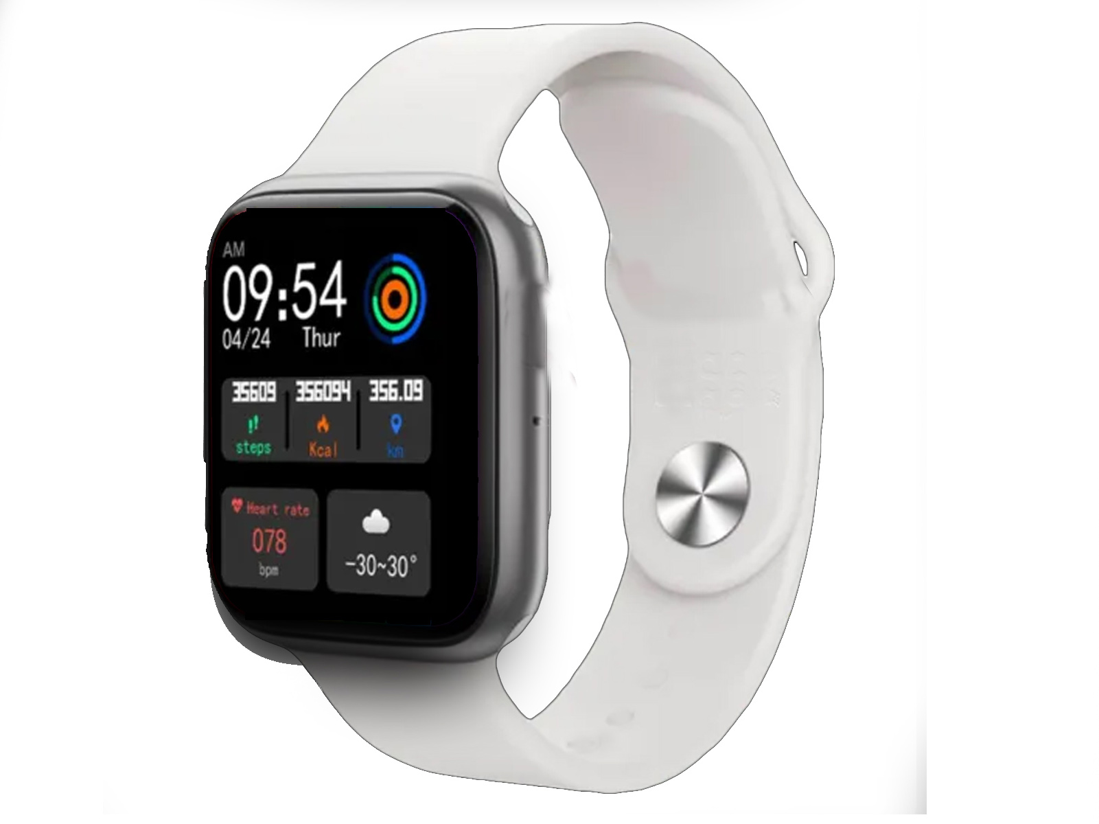 Un reloj inteligente blanco con una pantalla digital que muestra la hora, la fecha y métricas de salud en una correa blanca.