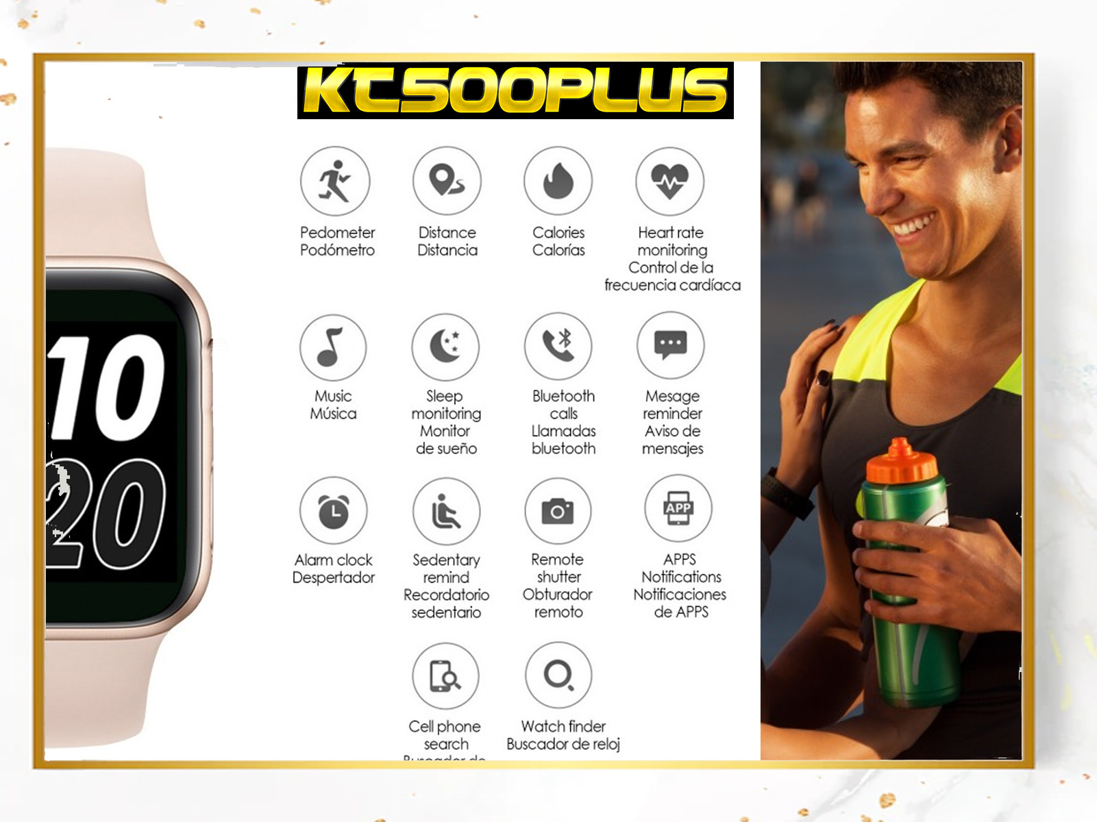 Un smartwatch con iconos, un hombre con una botella de agua y texto en español sobre las funciones del reloj.