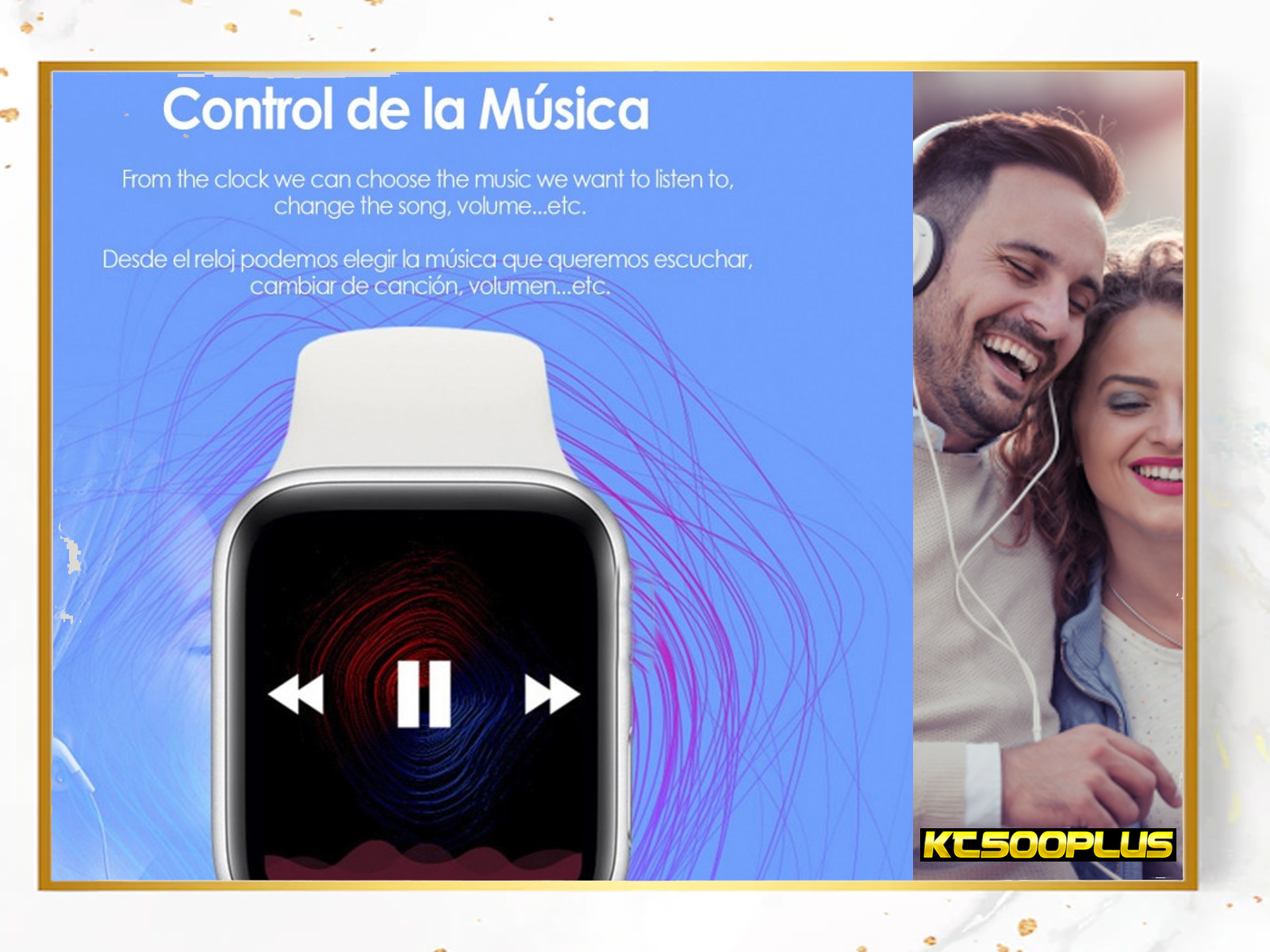 Smartwatch con opciones de control de música y una pareja sonriendo al fondo. Texto: Control de la Música.