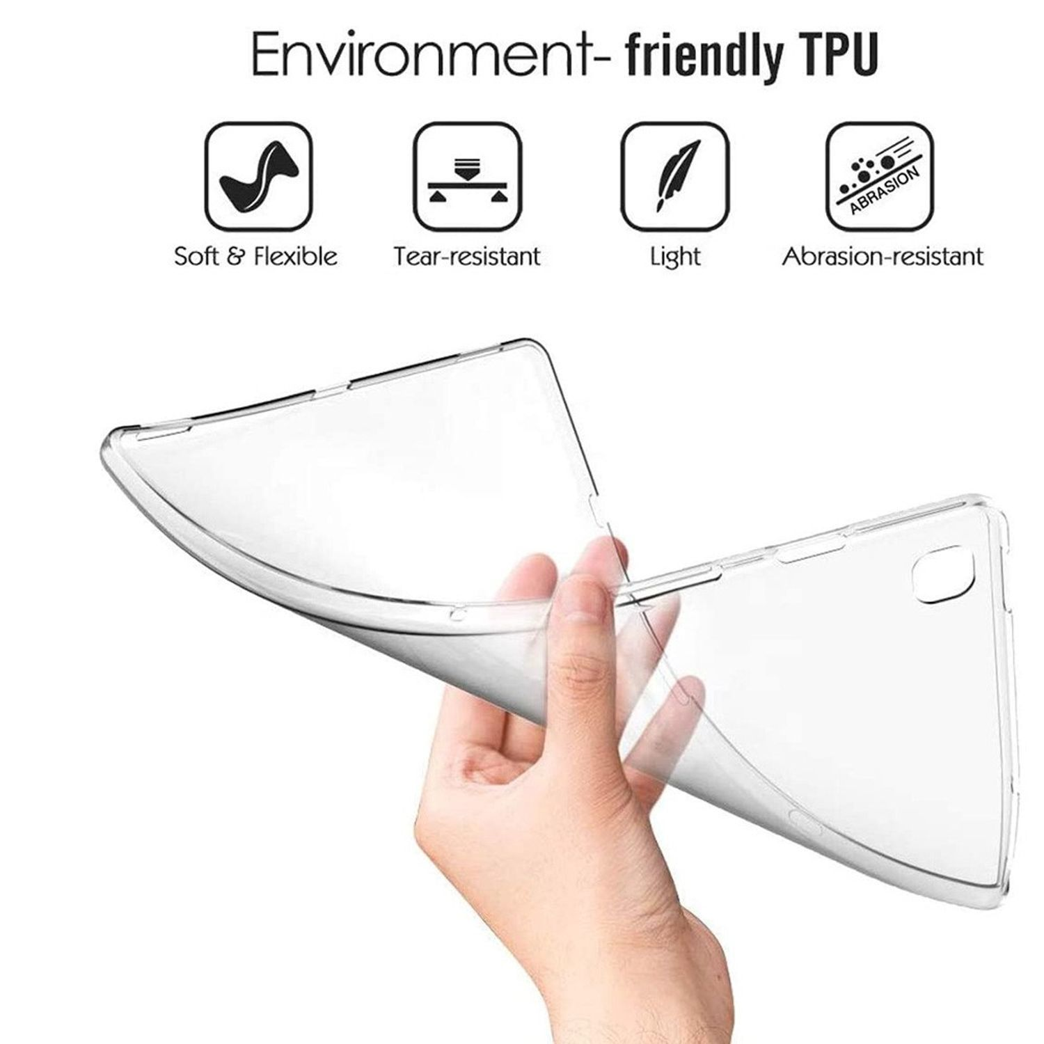 Eine Hand, die eine transparente Telefonhülle hält, mit Symbolen, die Schlüsselfunktionen zeigen.