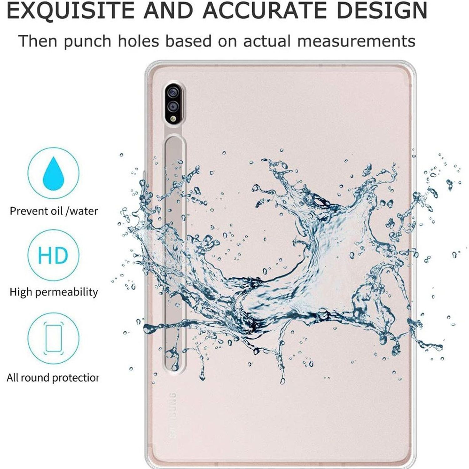 Eine rosa Tablet-Hülle mit Text über Wasserbeständigkeit und Schutz, mit Wasserspritz-Grafik.