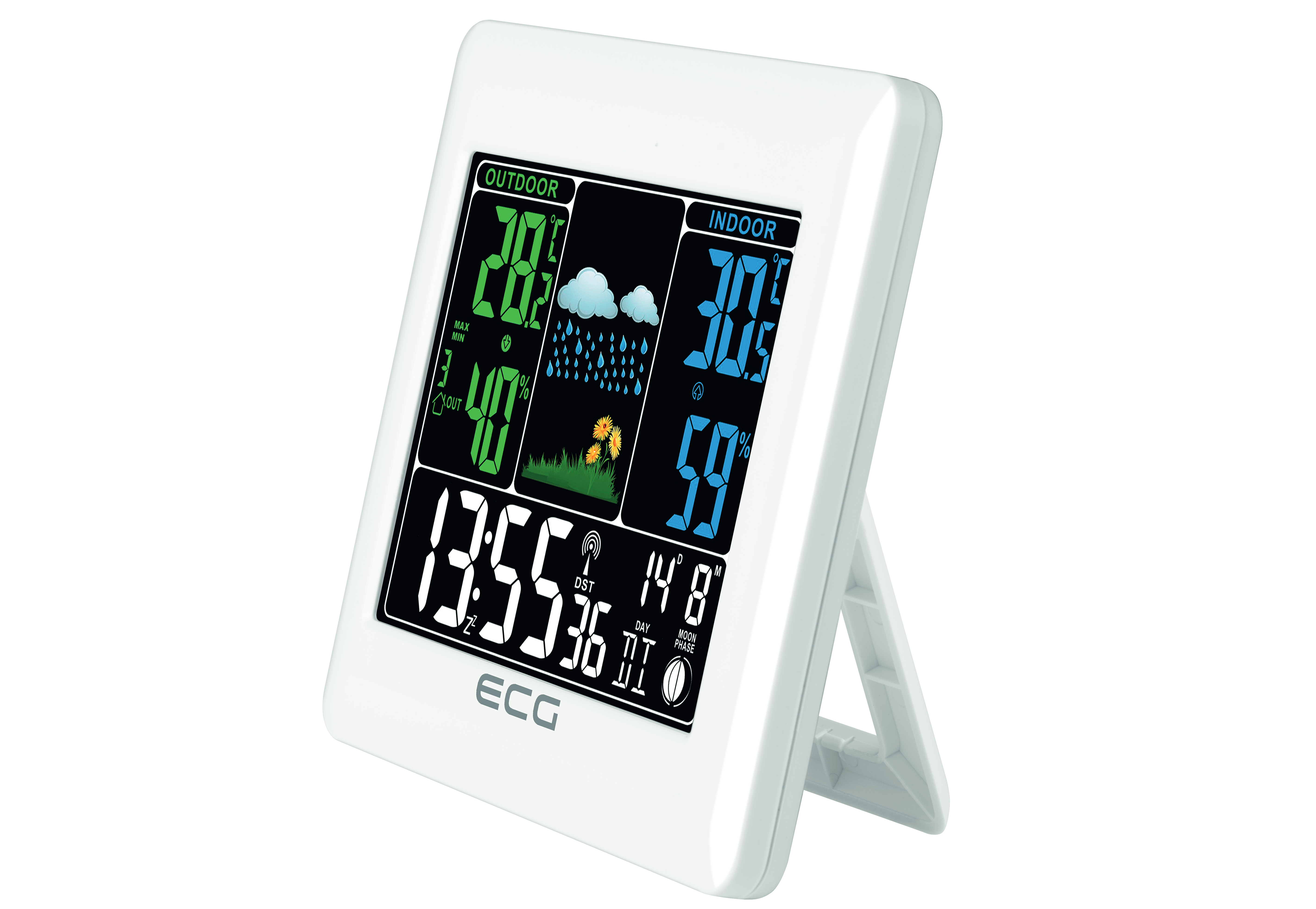 Weiße Wetterstation mit Digitalanzeige, die Outdoor- und Indoor-Daten anzeigt.