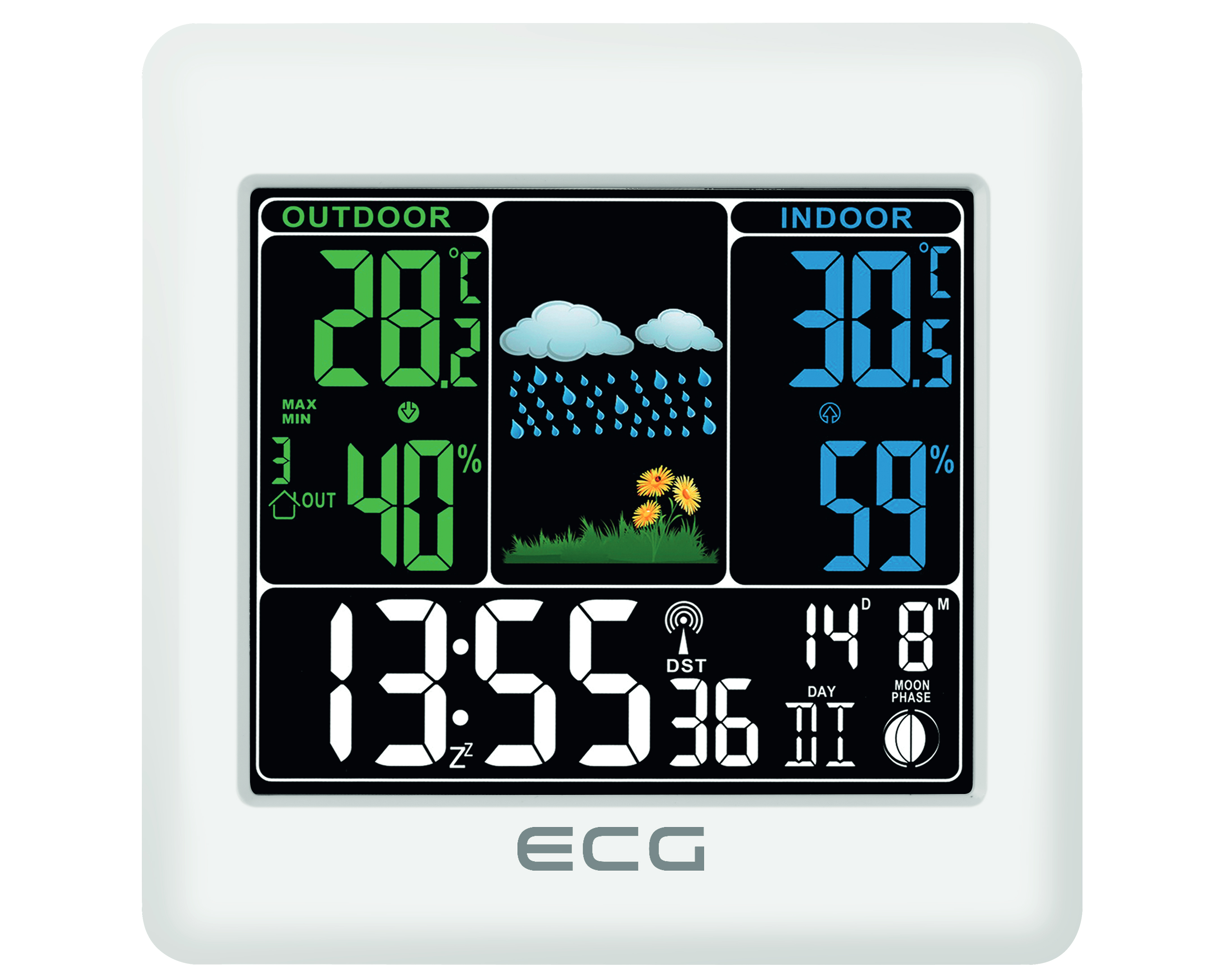 Weiße digitale Wetterstation mit Außen- und Innentemperaturen, Luftfeuchtigkeit und Uhrzeit.