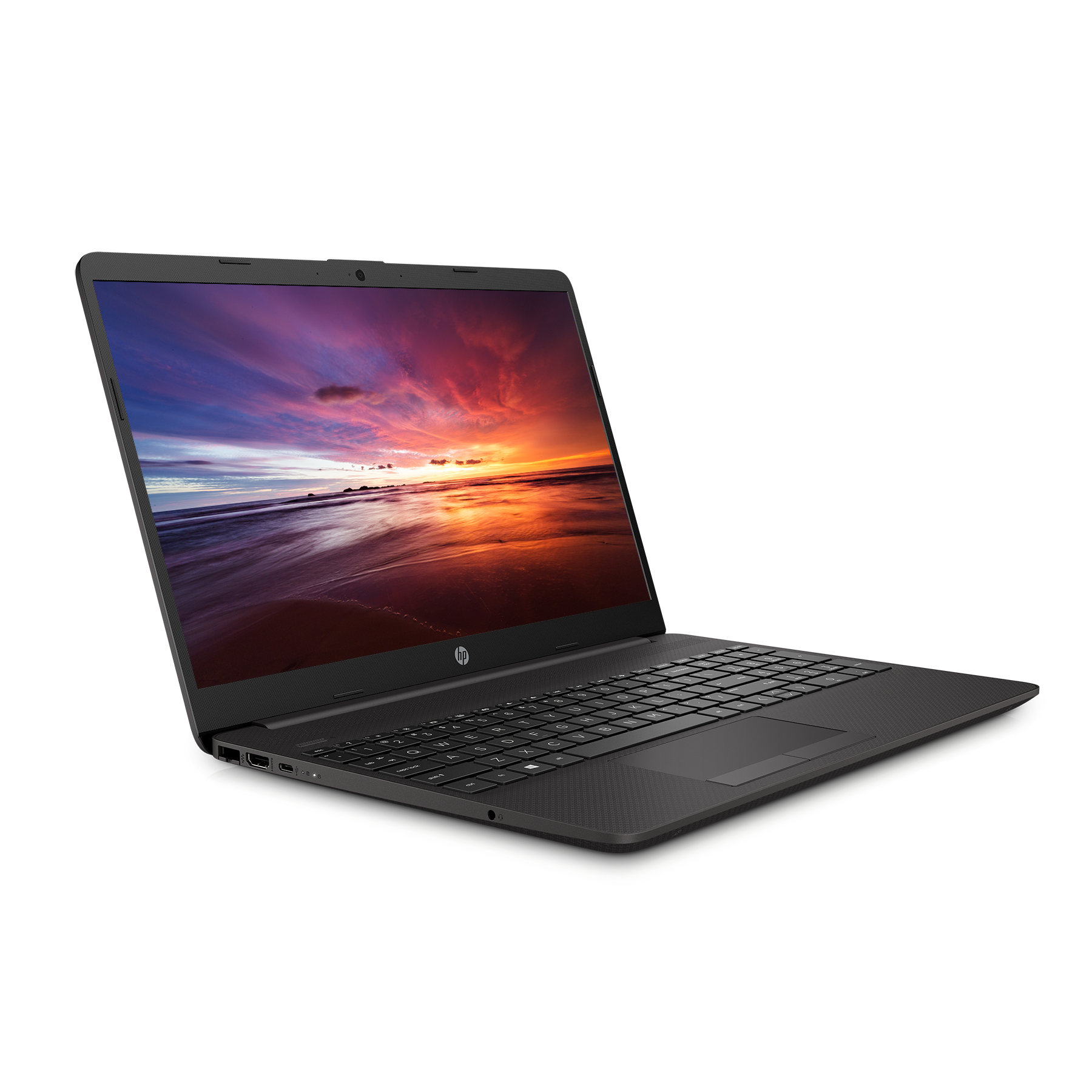 Schwarzer Laptop mit buntem Sonnenuntergang auf dem Bildschirm, vor schwarzem Hintergrund.