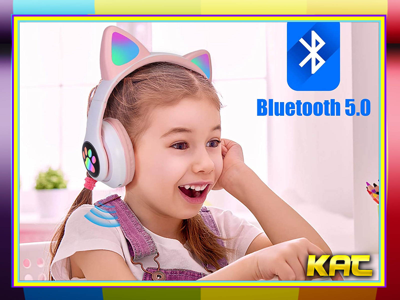 Niña con auriculares de orejas de gato. Logotipo de Bluetooth. Borde colorido.