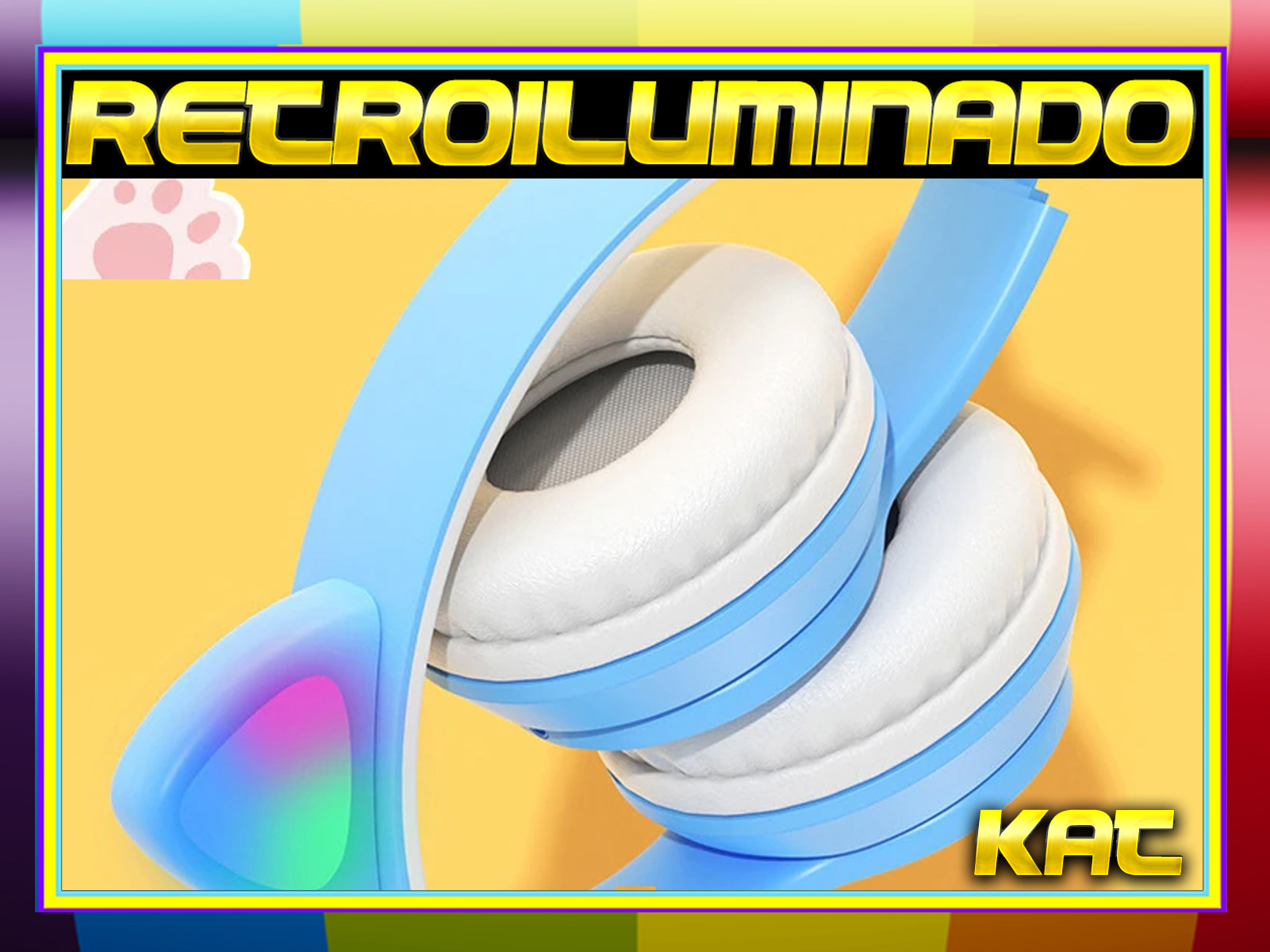 Auriculares azules con orejas de gato, acolchado blanco, fondo amarillo. Los auriculares están plegados.