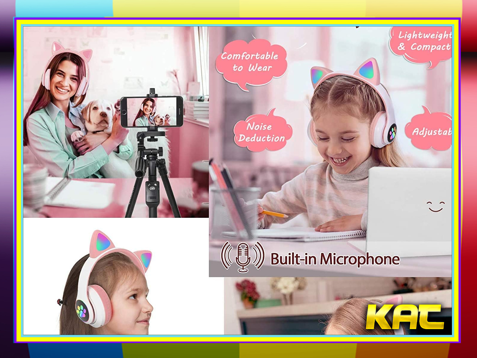 Niña y mujer con auriculares y teléfono, perro en el regazo, otra niña usa laptop.