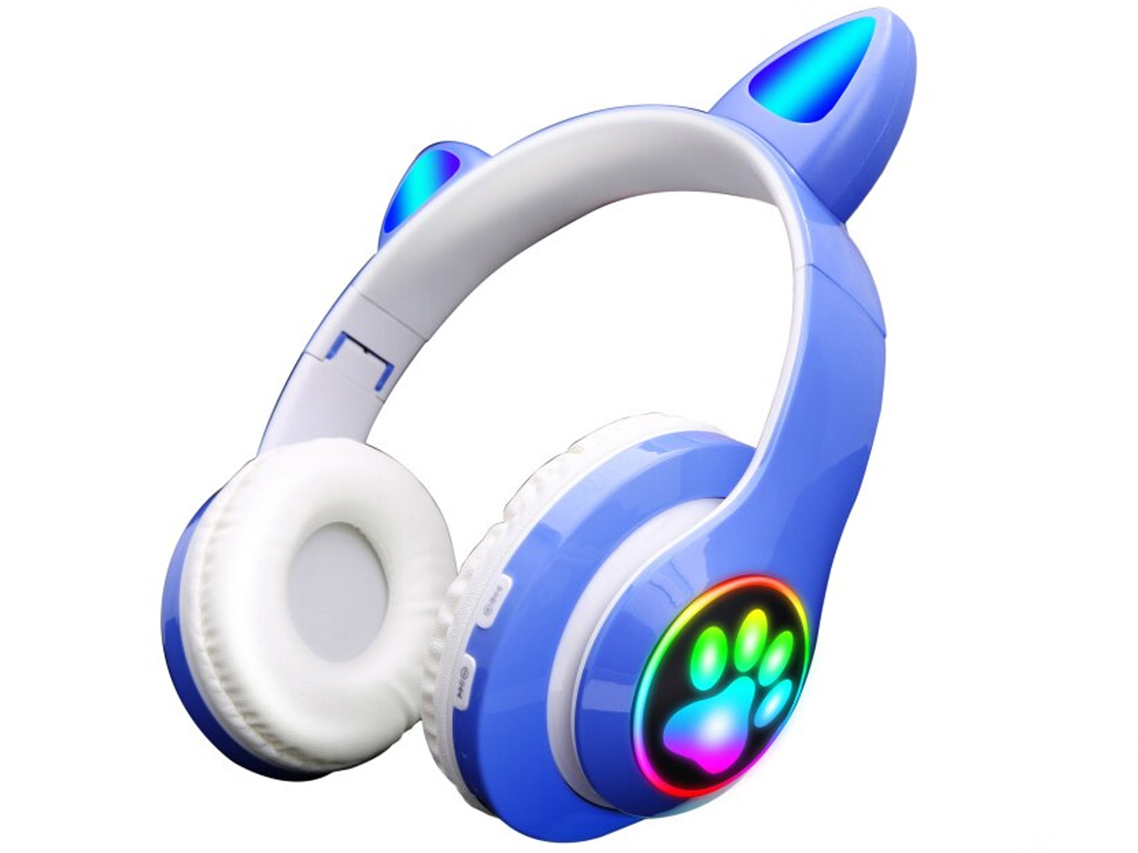 Auriculares azules con diseño de orejas de gato y una luz en forma de pata.