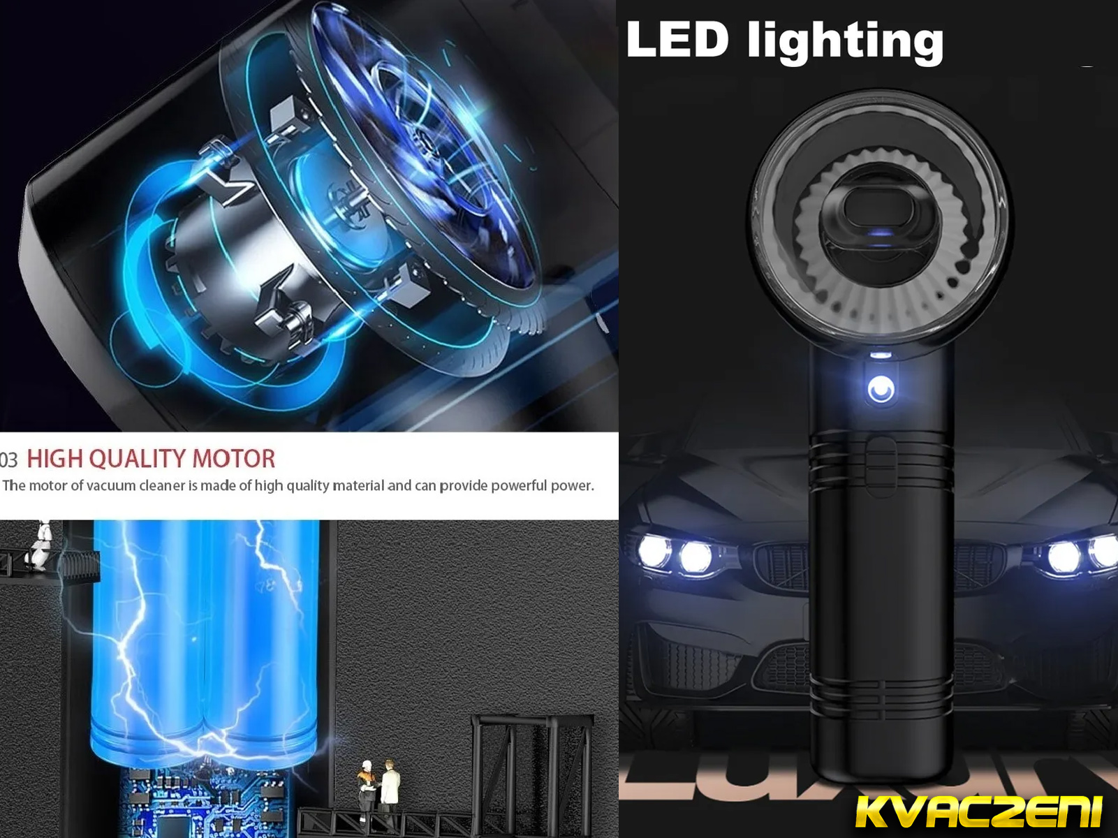Un collage que muestra un motor de aspiradora, una batería y una aspiradora de mano con iluminación LED en un automóvil.