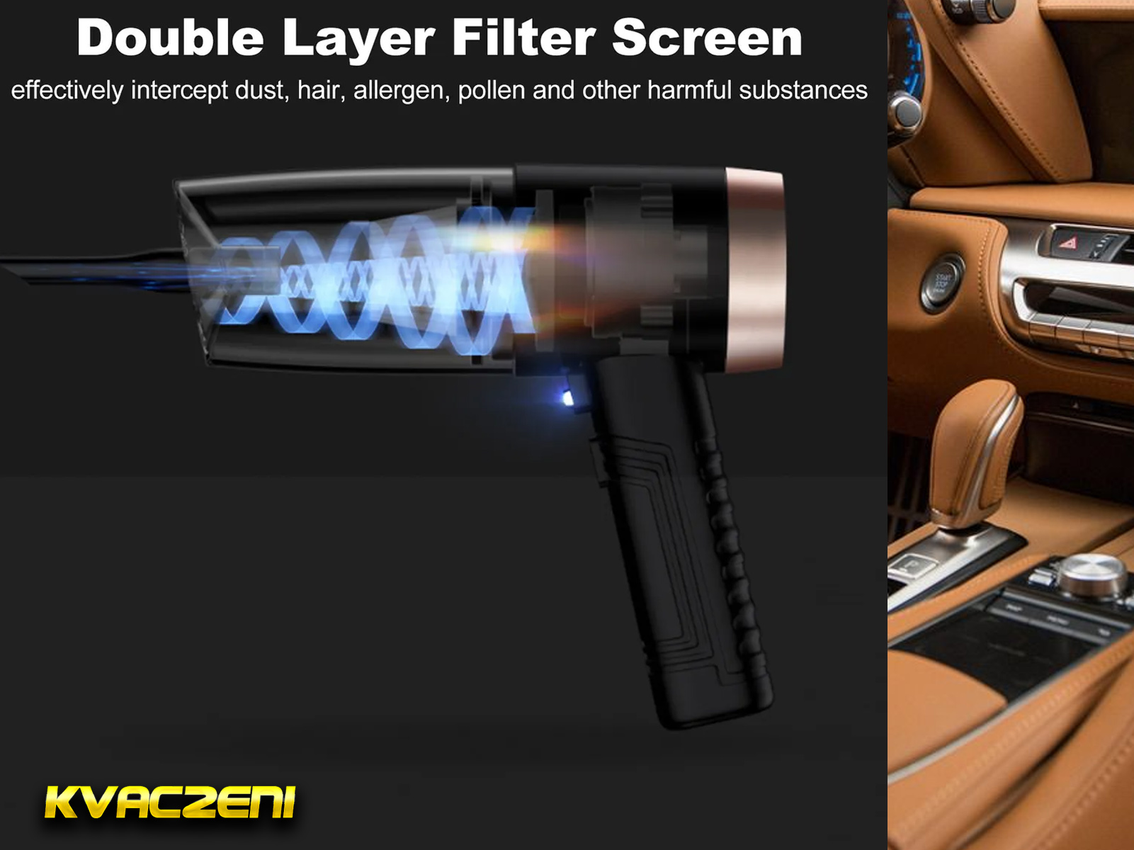 Dispositivo negro y dorado con texto sobre filtro de polvo, con interior de coche de fondo.