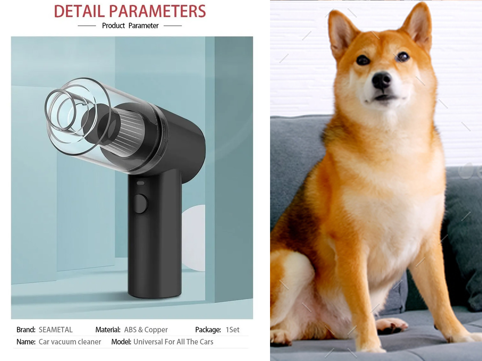 Aspiradora y un perro Shiba Inu. La aspiradora es negra y transparente. El perro es marrón y naranja.