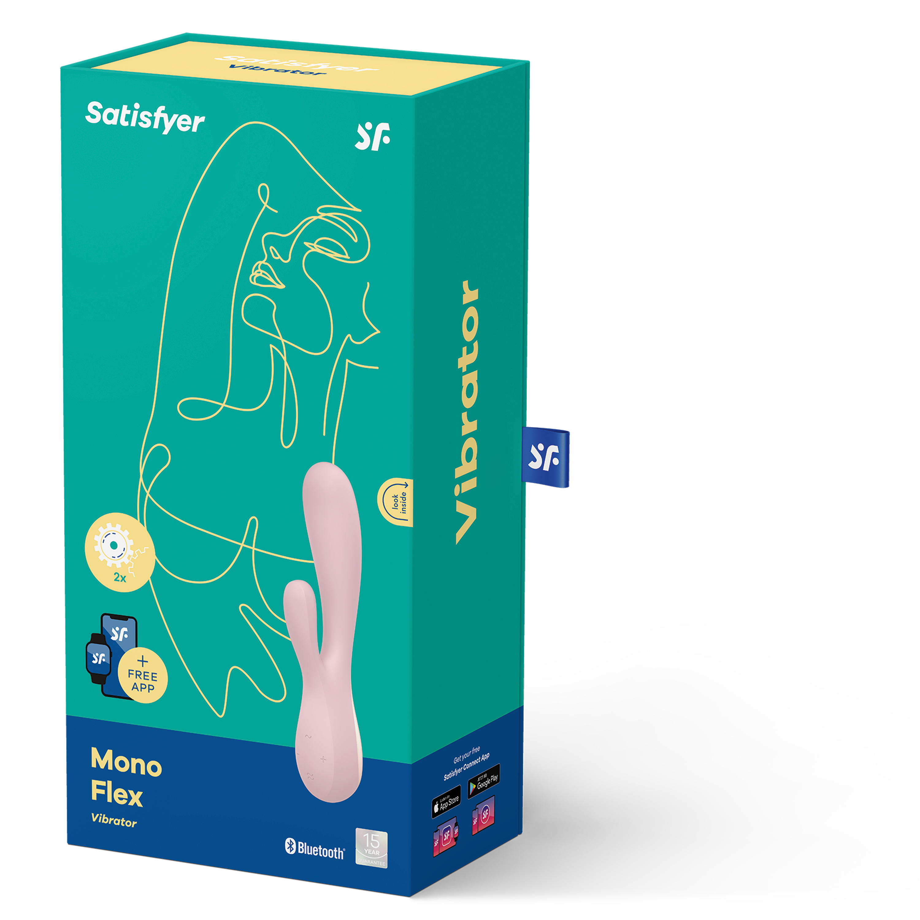 Pudełko wibratora Satisfyer. Różowy wibrator na tle turkusowym.