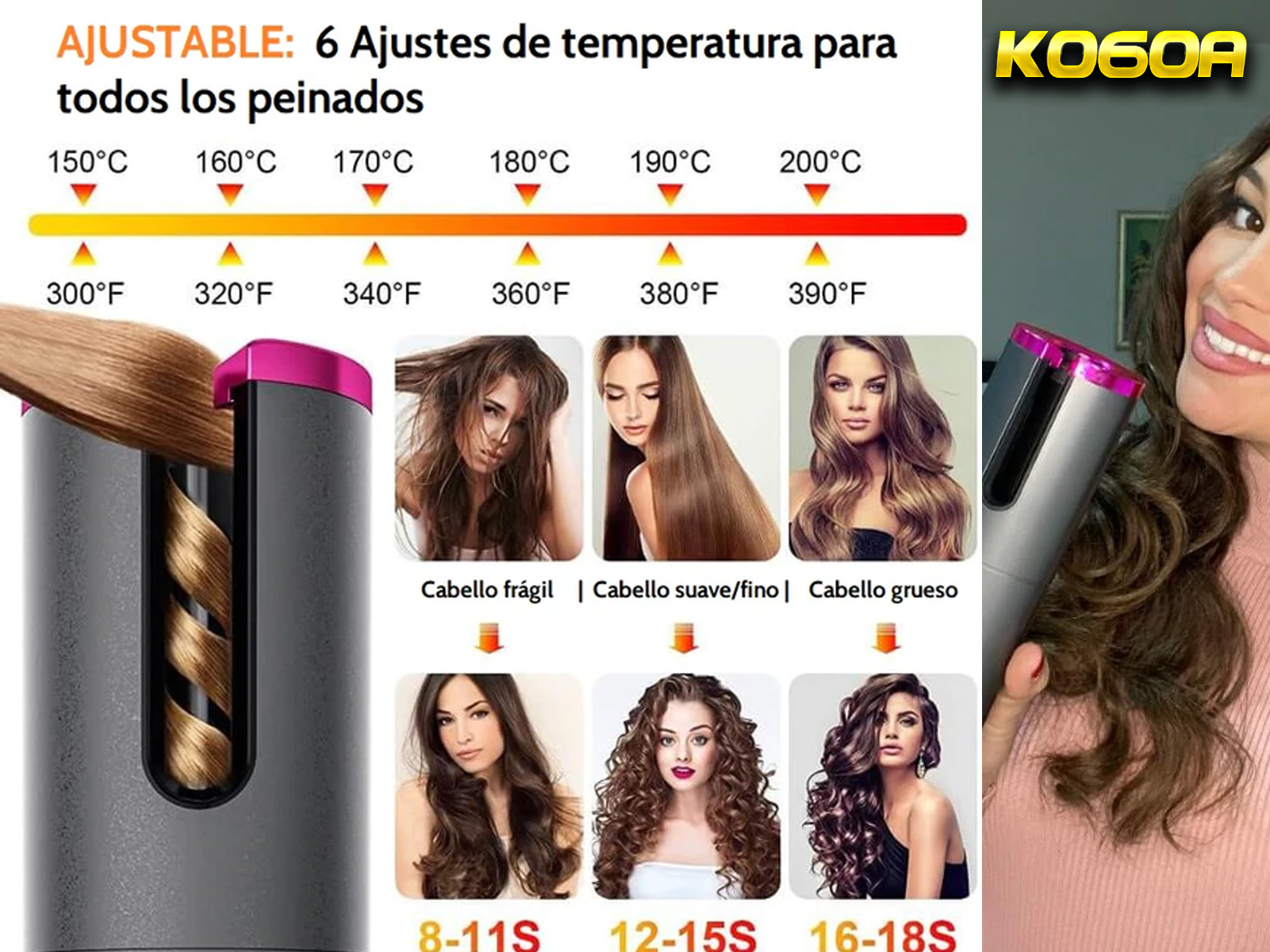 Imagen que muestra a una mujer usando un rizador y ejemplos de diferentes peinados.