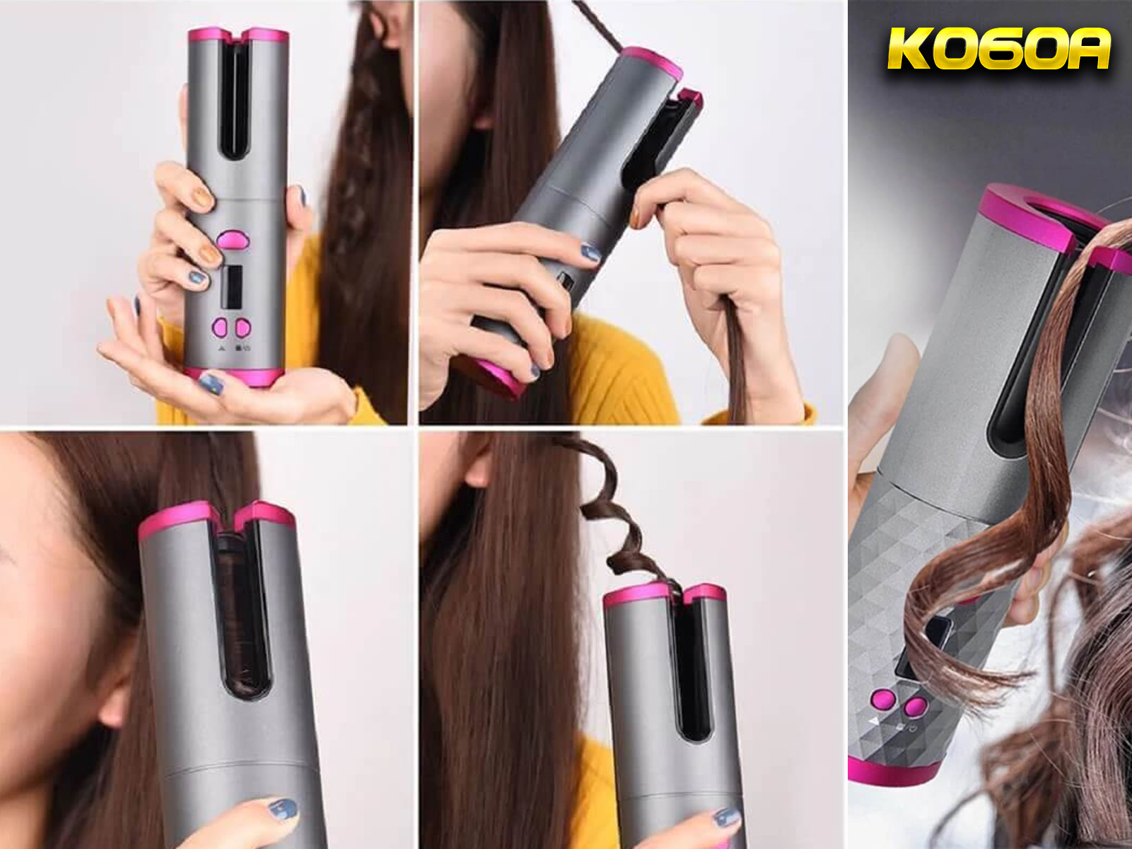 Una mujer usando un rizador de pelo automático rosa y gris. La imagen muestra varias etapas del rizado del cabello.