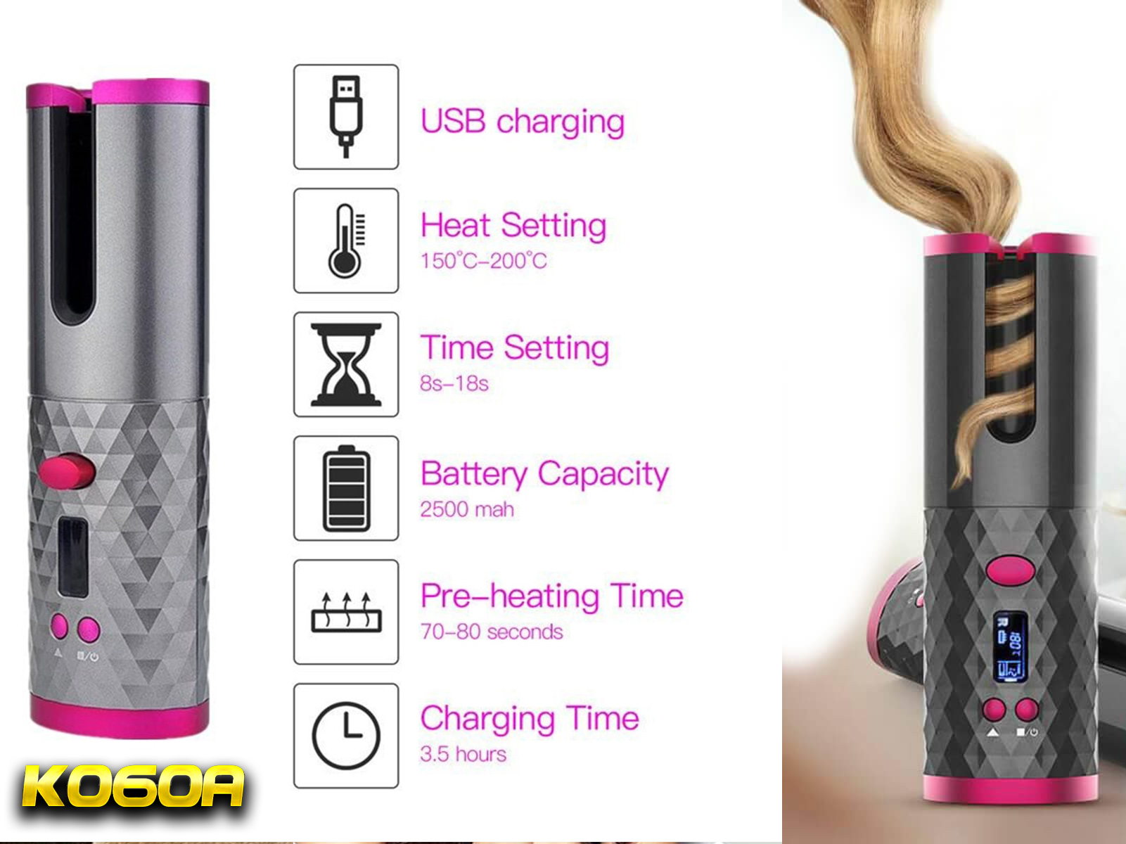 Rizador de pelo con detalles rosas, carga USB, ajustes de calor y tiempo.