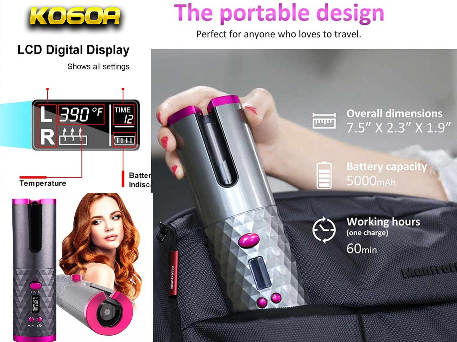 Rizador de pelo portátil con pantalla digital, diseño mostrado en una bolsa.