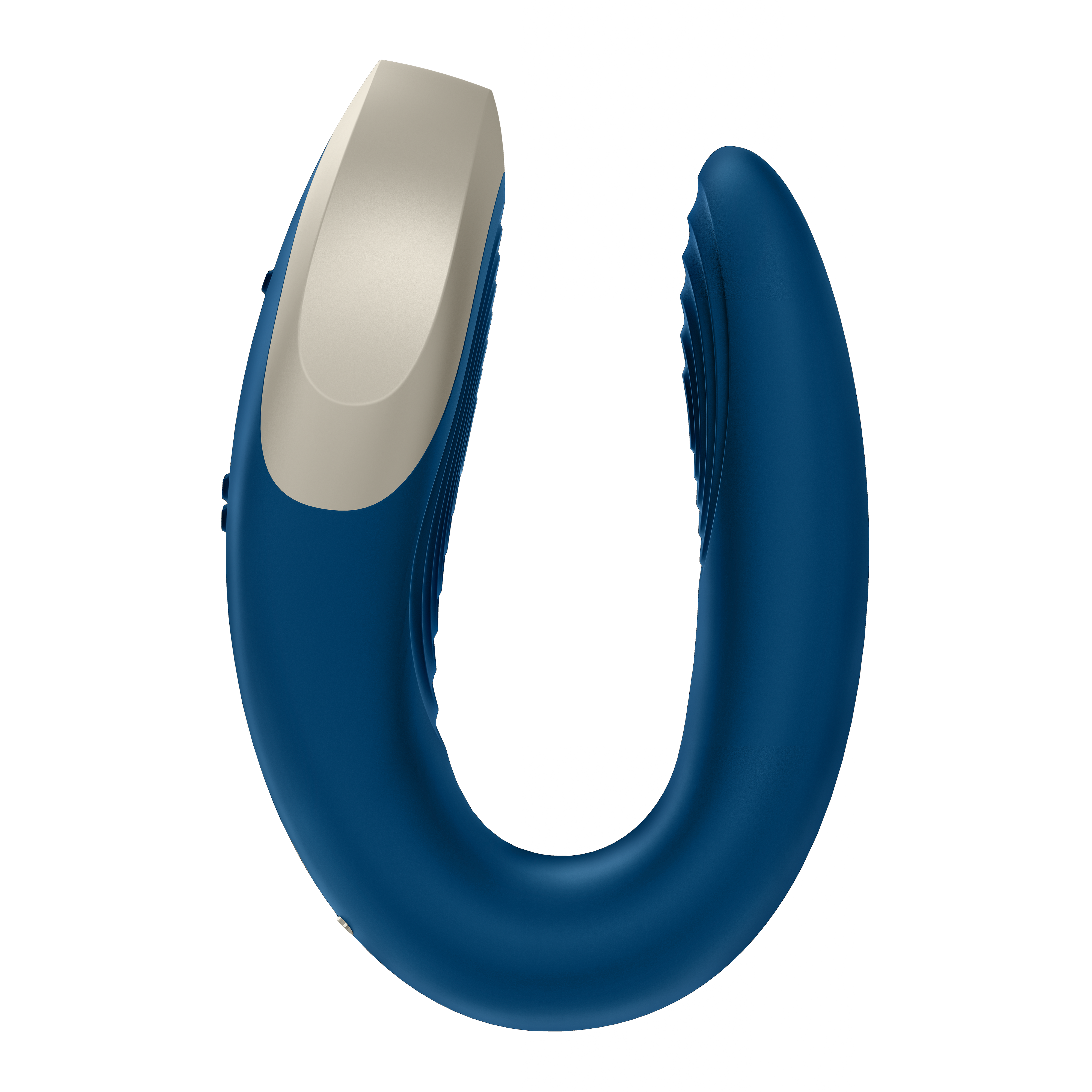 Niebieska i kremowa zabawka erotyczna, w kształcie litery U, z teksturowaną powierzchnią i zaokrąglonym wierzchem.