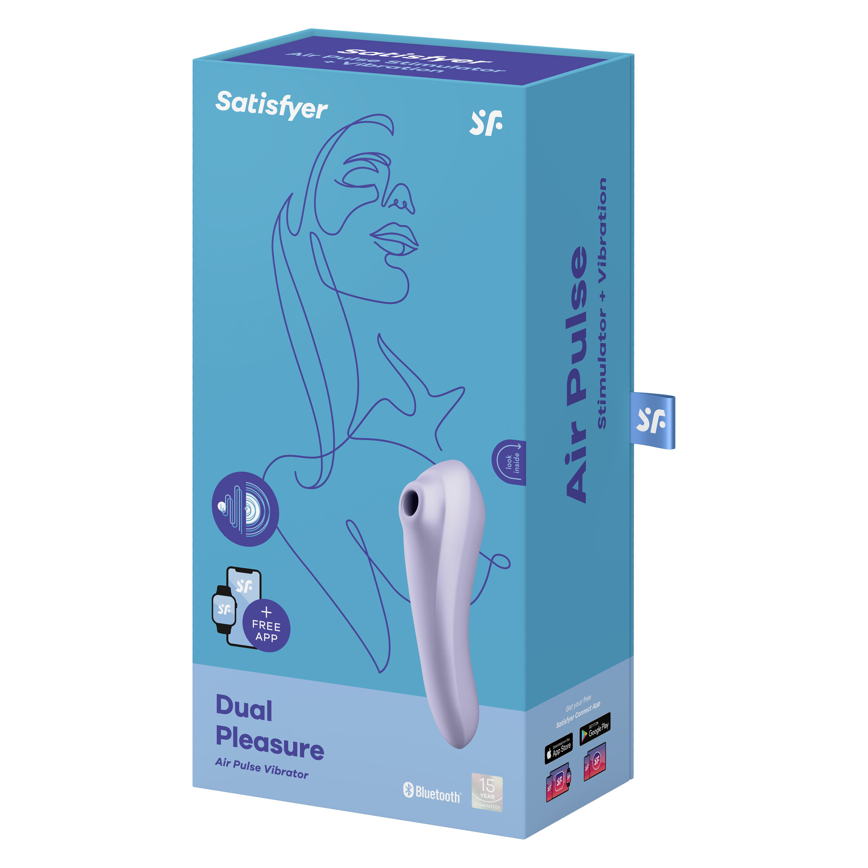 Pudełko z rysunkiem twarzy kobiety, fioletowym wibratorem i tekstem o produkcie.