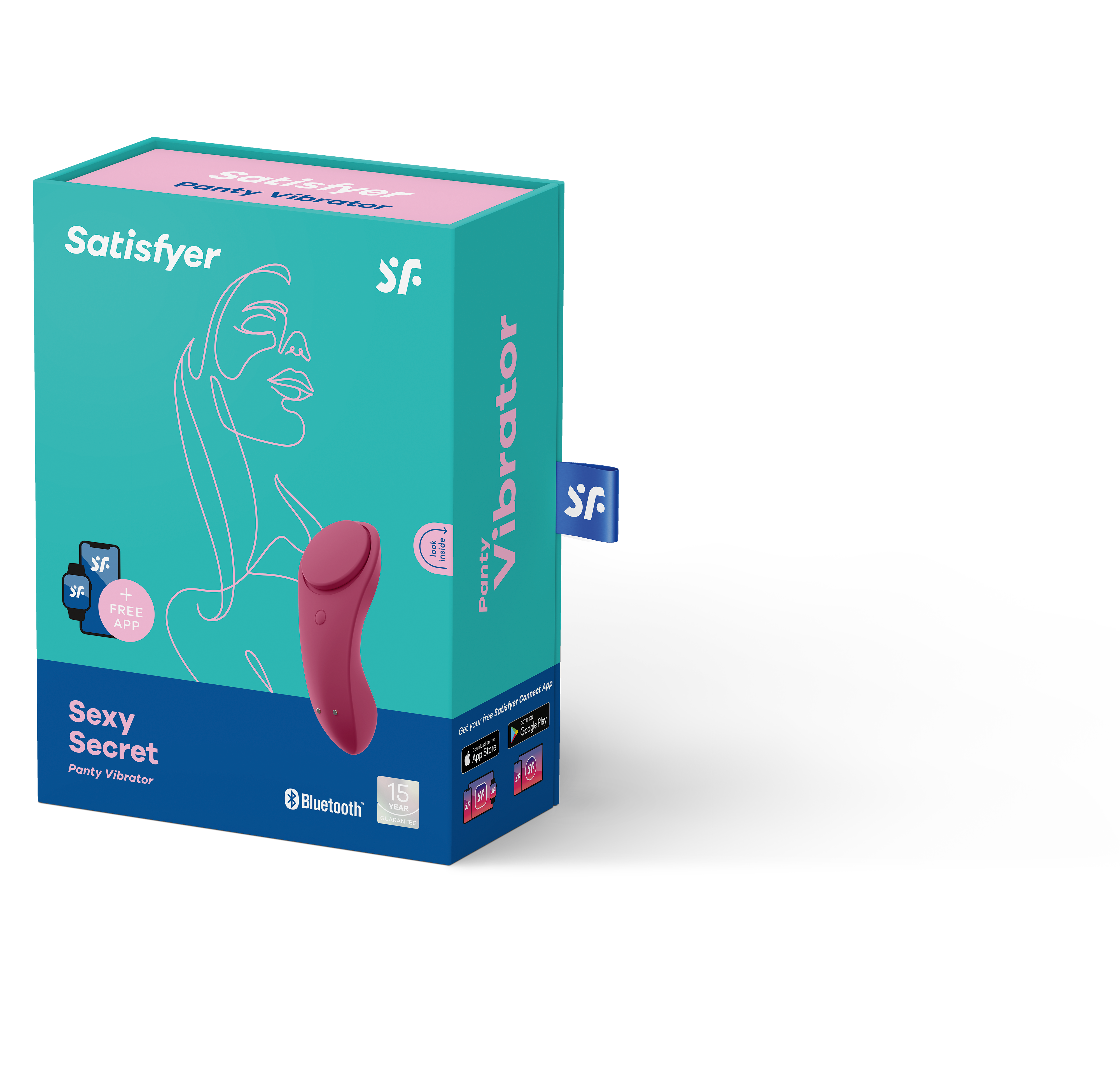 Różowe i turkusowe pudełko z rysunkiem kobiety i wibratorem w środku.