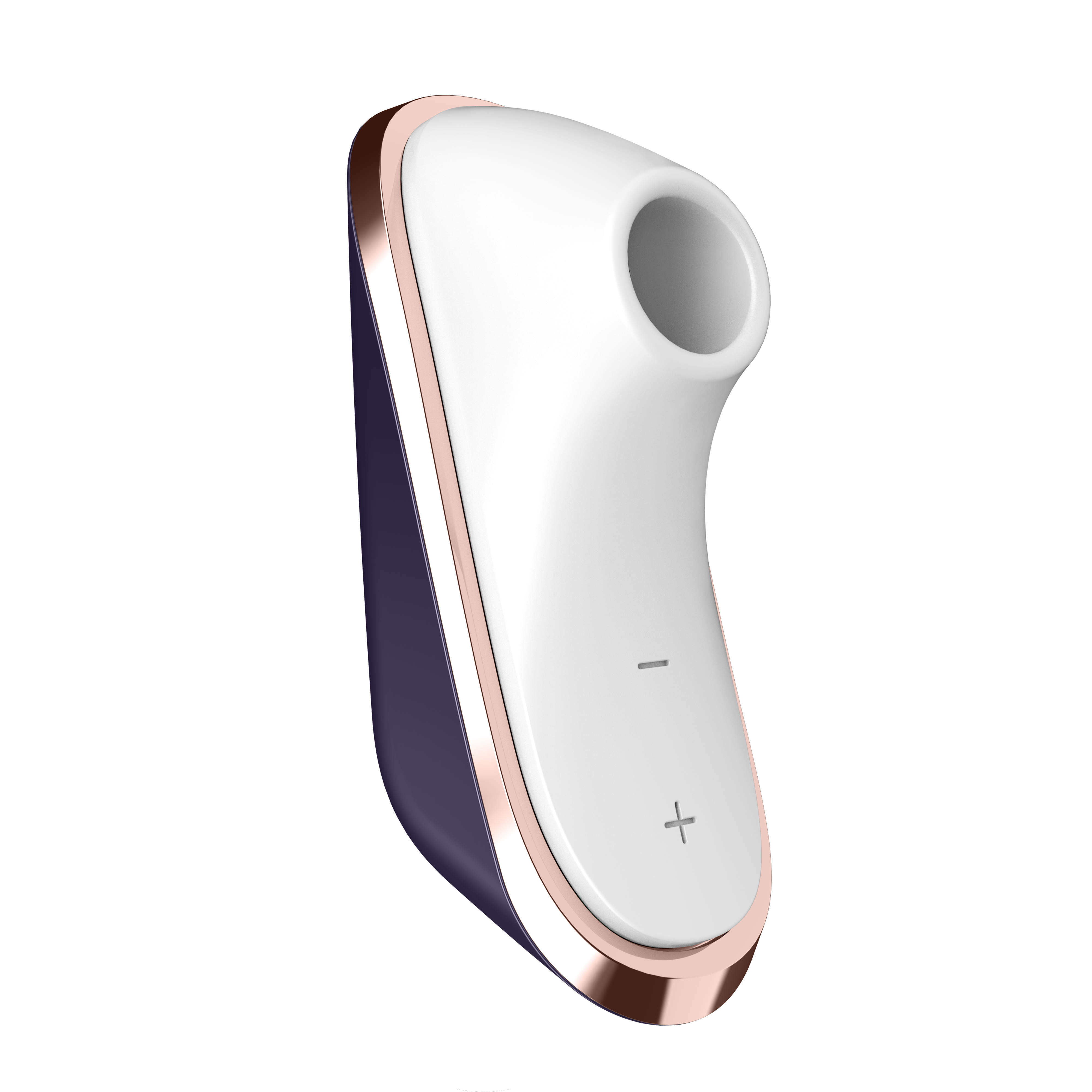 Biała i fioletowa zabawka erotyczna ze złotym wykończeniem, z przyciskami plus i minus.