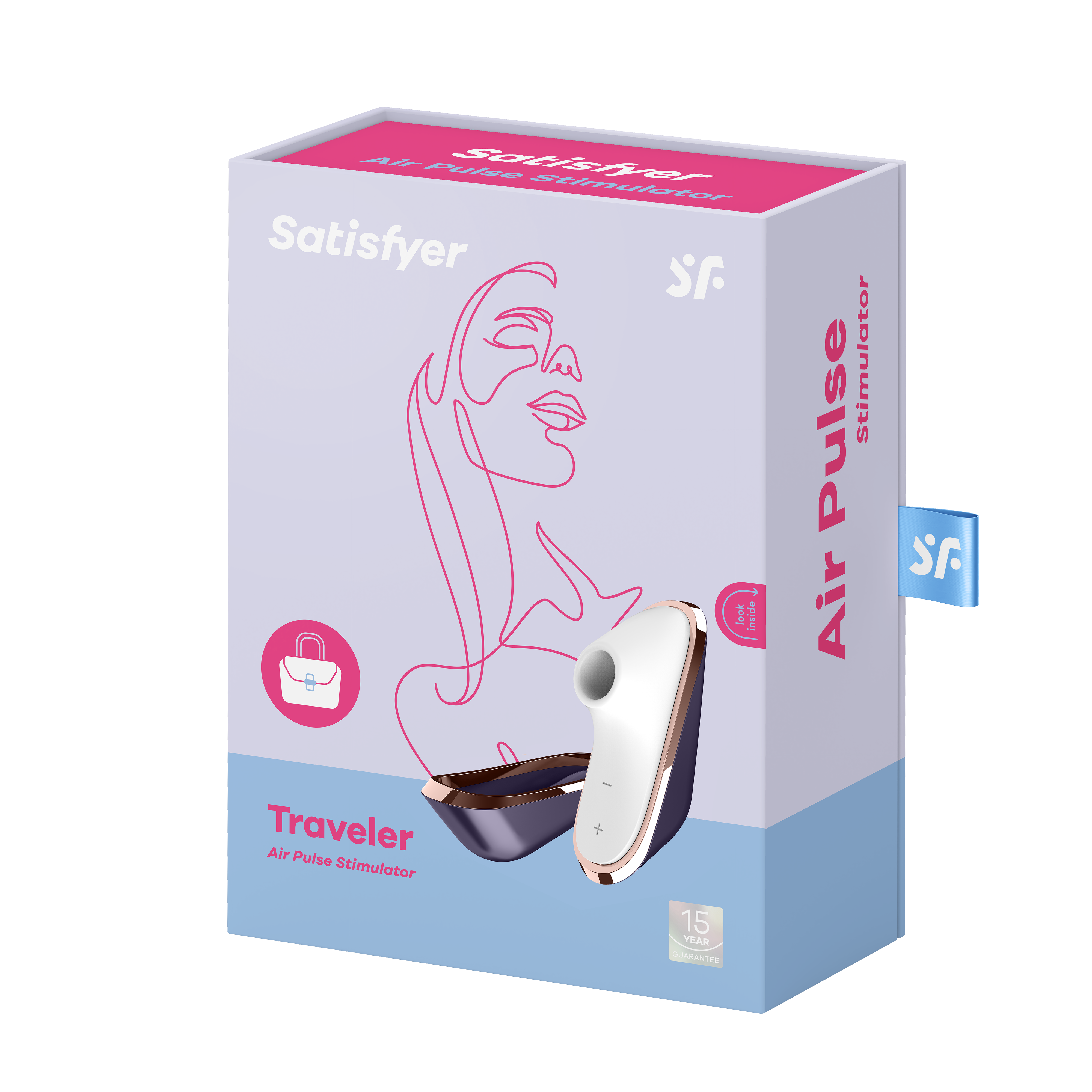 Pudełko ze zdjęciem kobiecej twarzy i białą i złotą zabawką erotyczną marki 'Satisfyer'.