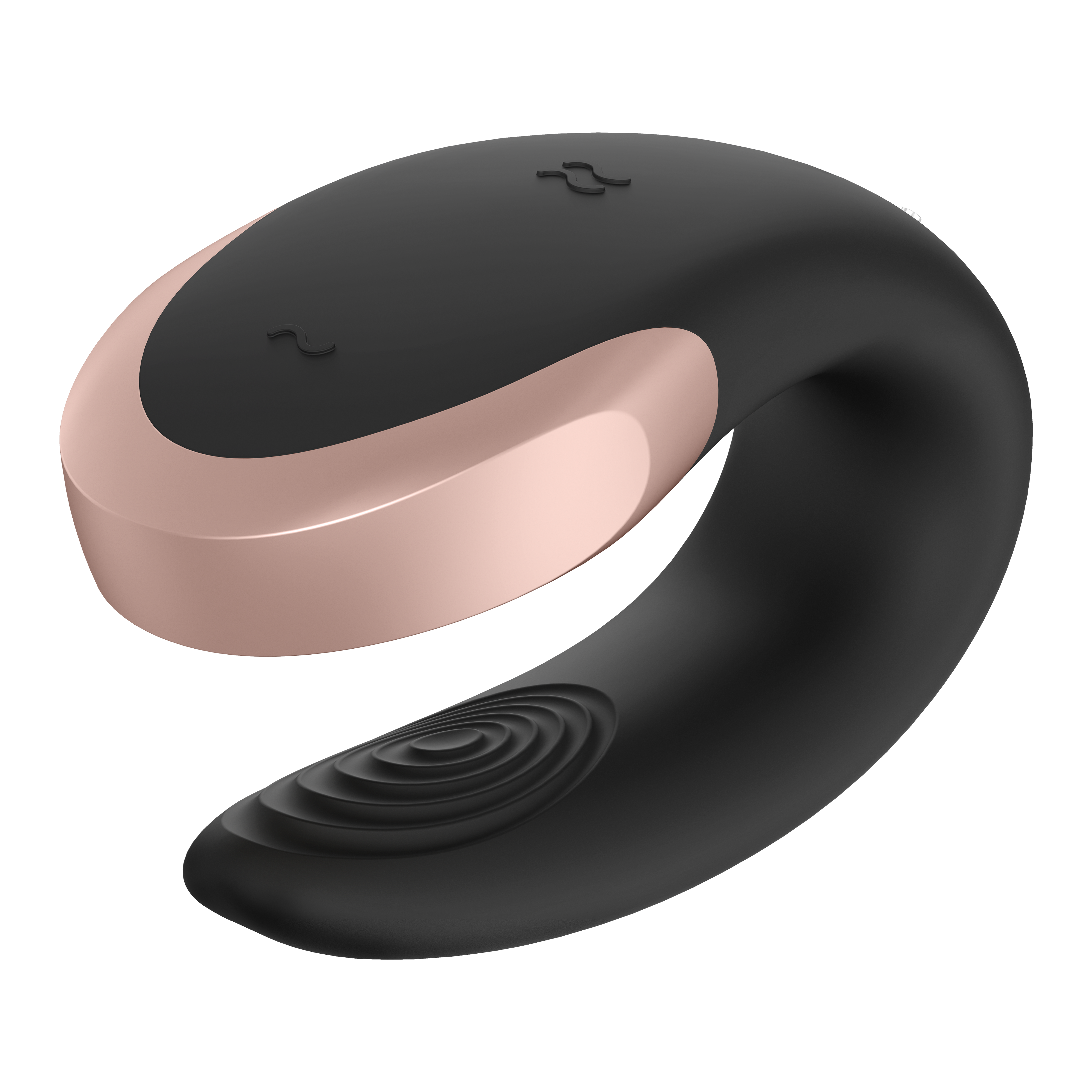 Czarna zabawka erotyczna z różowo-złotym akcentem, zakrzywiony kształt z teksturowanym końcem.