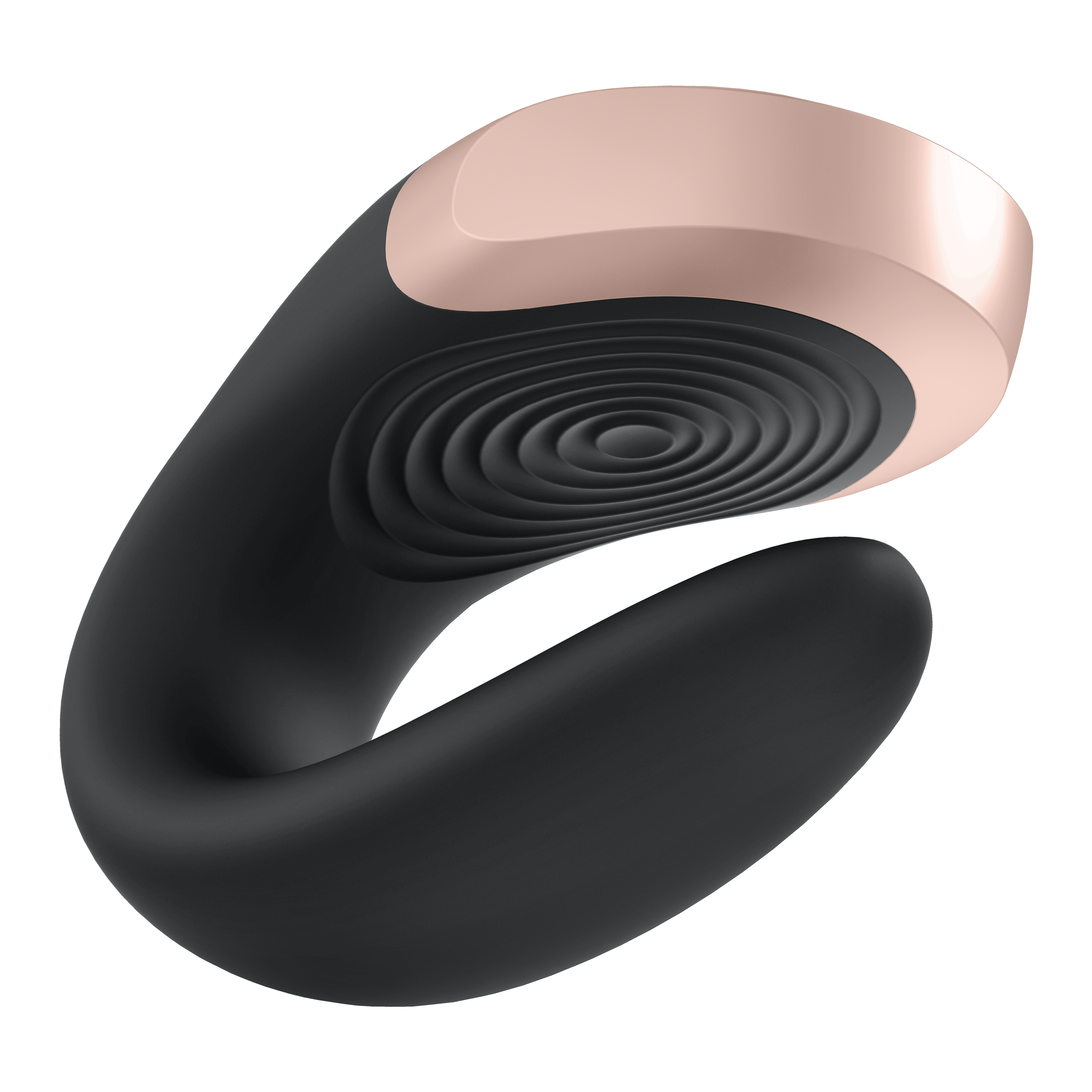 Czarna i różowo-złota zabawka erotyczna o zakrzywionym, ergonomicznym kształcie.