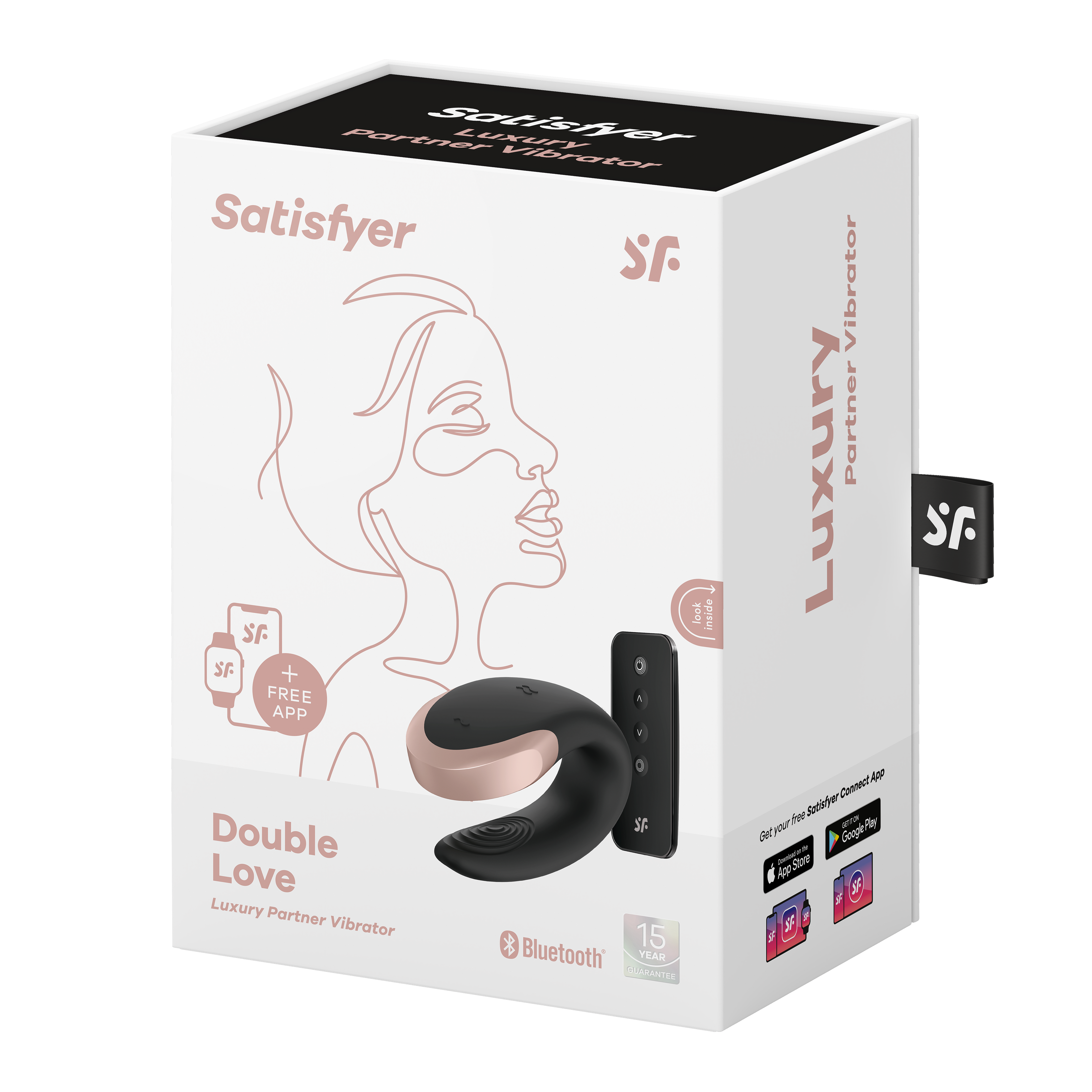 Pudełko z czarnym i różowo-złotym wibratorem oraz pilotem. Twarz kobiety i tekst.