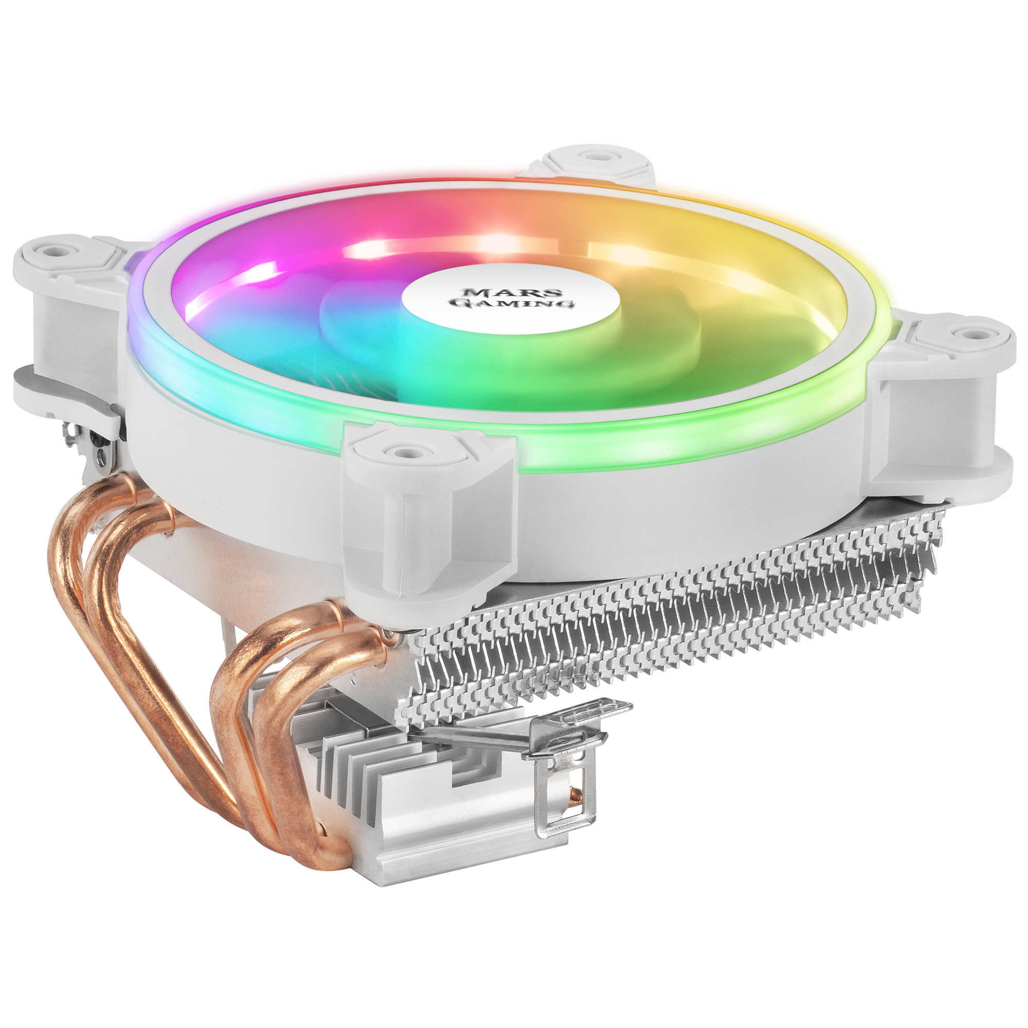 Un enfriador de CPU blanco con un ventilador de color arcoíris. Se ven tubos de calor y aletas de cobre.
