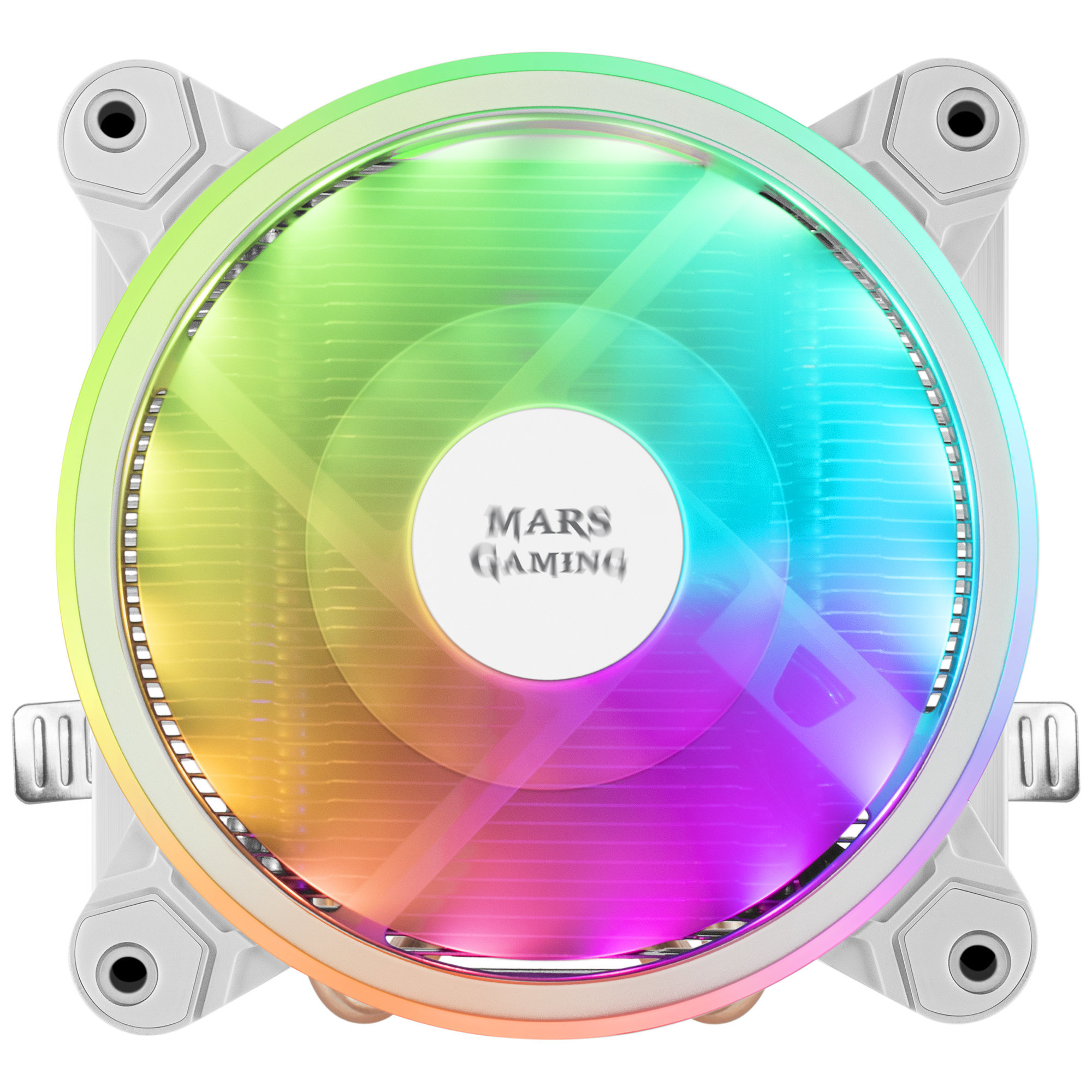 Ventilador de computadora con luz LED multicolor y el logo 'MARS GAMING' en el centro.