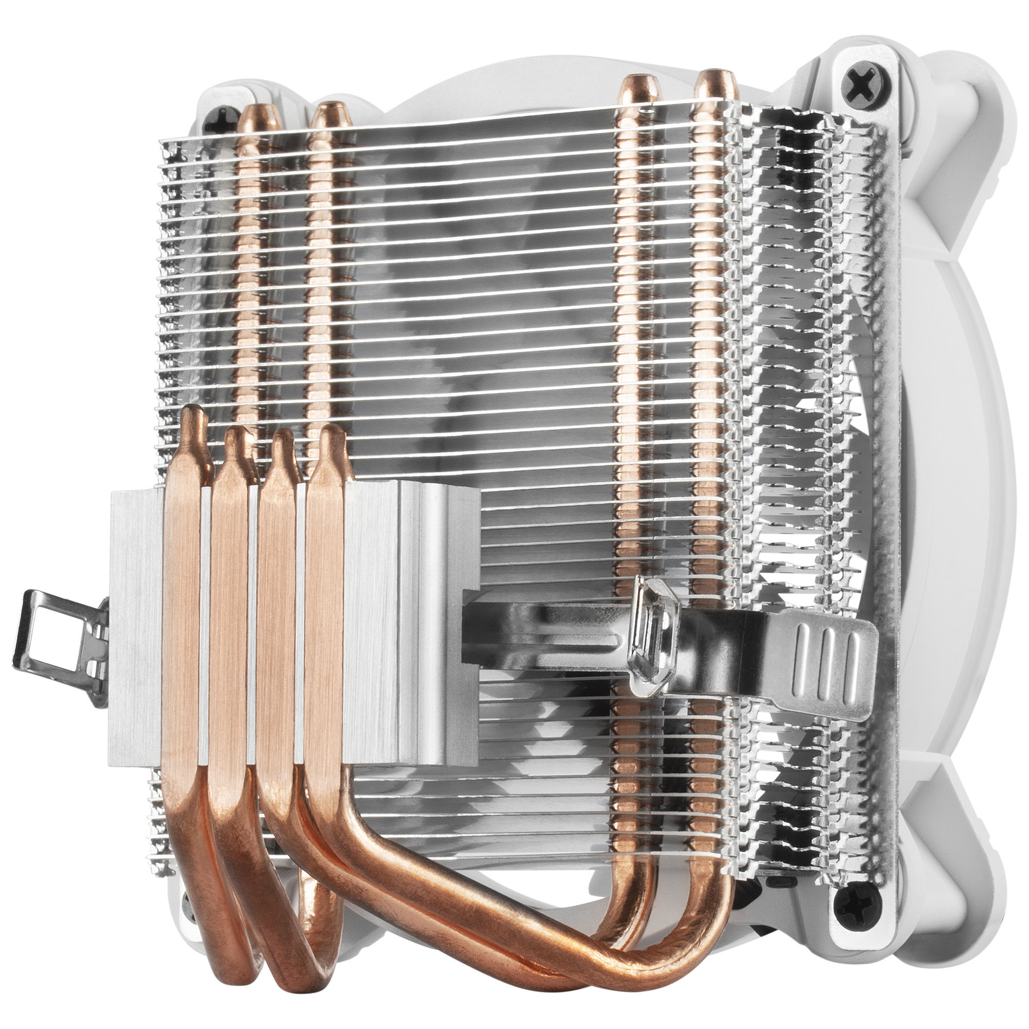 Un enfriador de CPU con tubos de calor de cobre y un ventilador blanco. Tiene aletas plateadas y un clip metálico.
