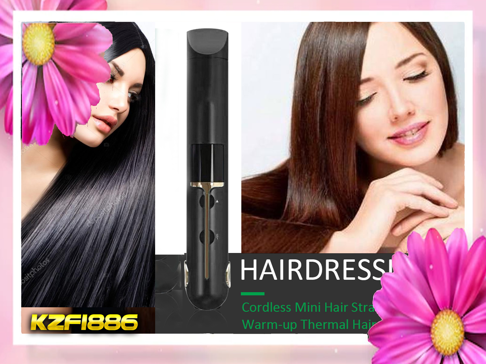 Una plancha de pelo junto a imágenes de mujeres con cabello liso. Flores rosas en las esquinas.