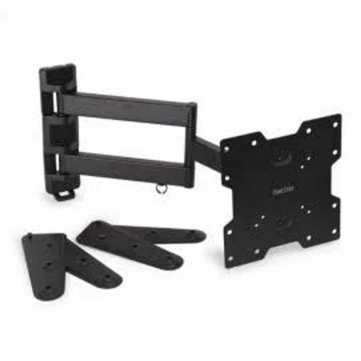 Soporte de pared para TV negro con piezas desmontables, sobre fondo blanco.