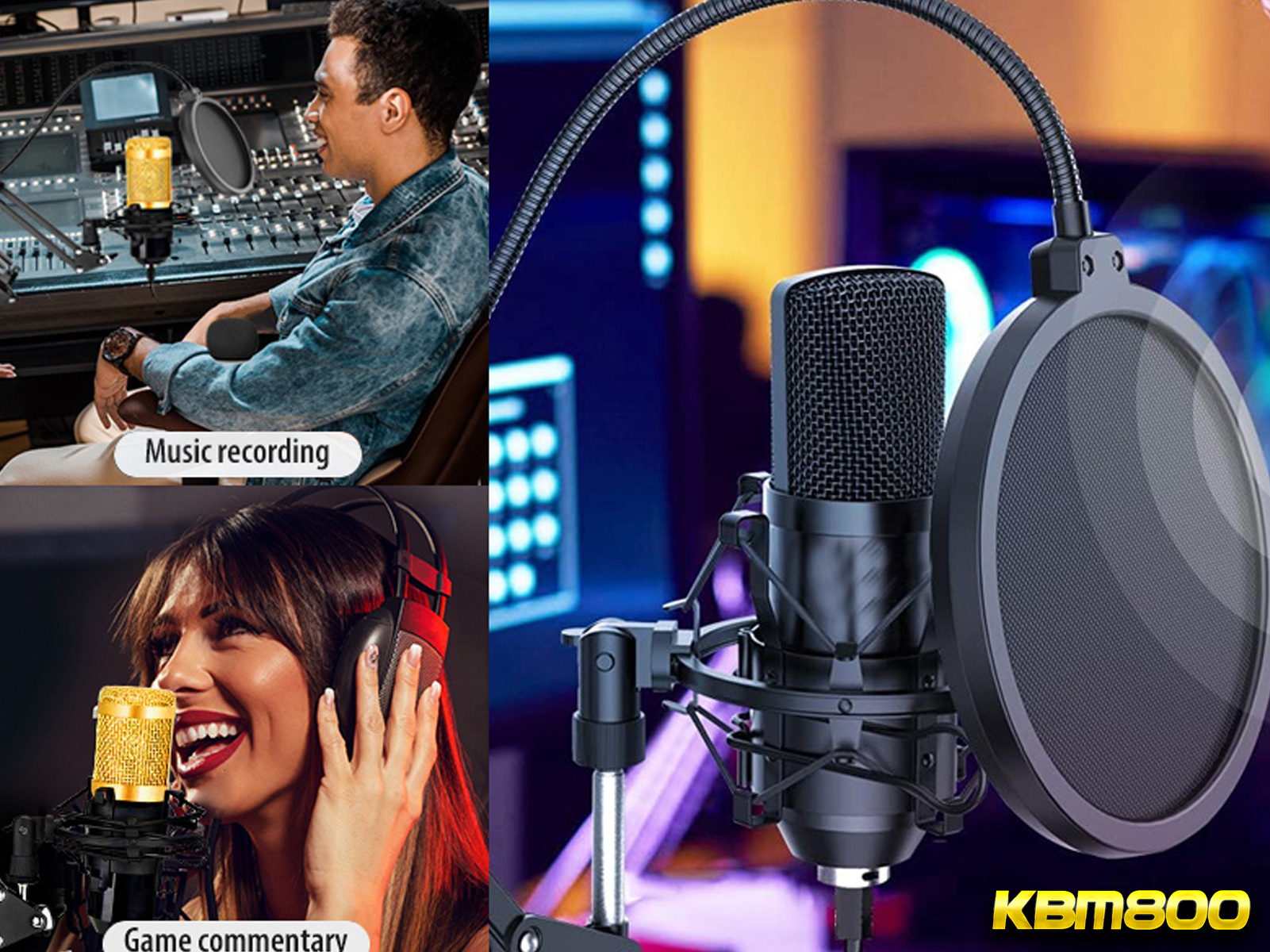 Configuración de micrófono con tres escenarios: grabación de música, comentarios de juegos y configuración de estudio.
