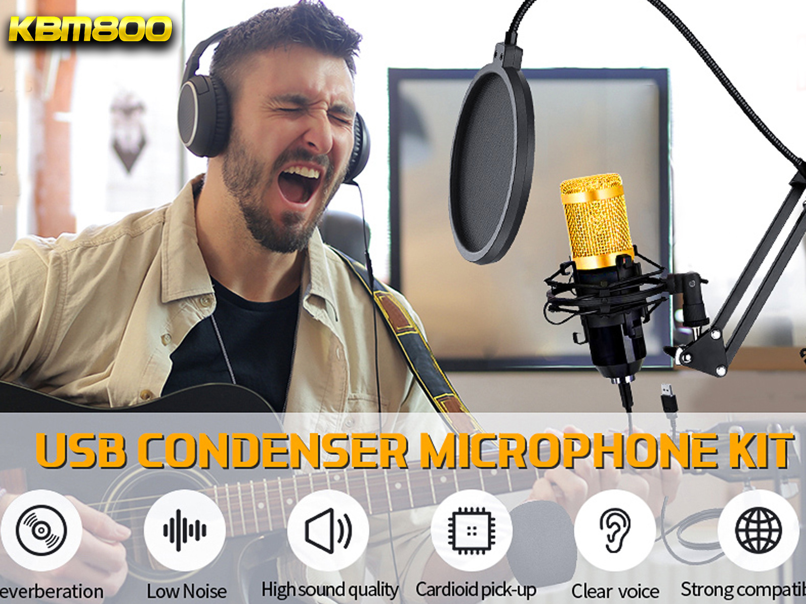 Un hombre con auriculares cantando a un micrófono dorado. Guitarra e iconos de música en la escena.