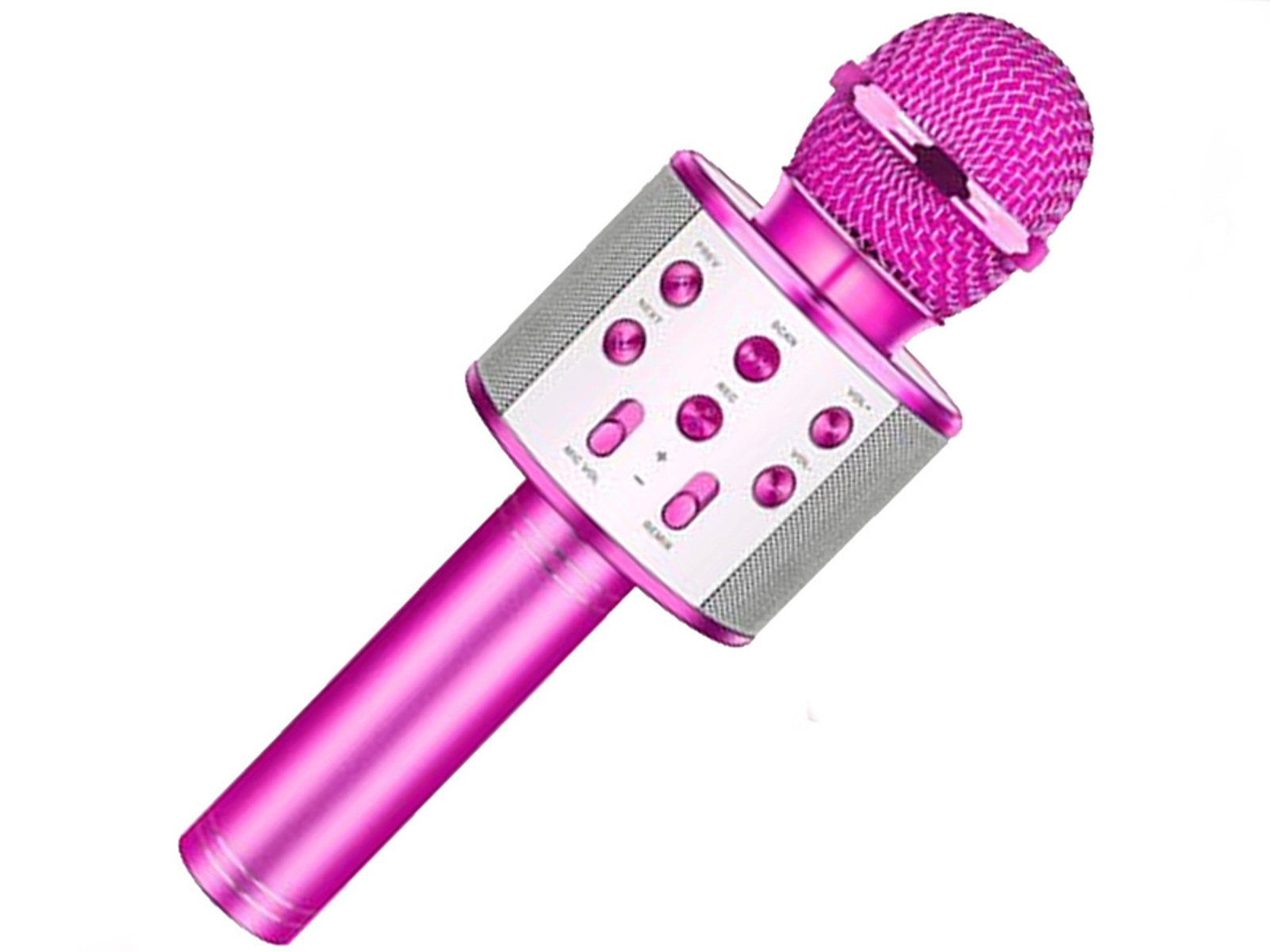 Micrófono de karaoke rosa con botones y cabeza de malla, aislado sobre fondo blanco.